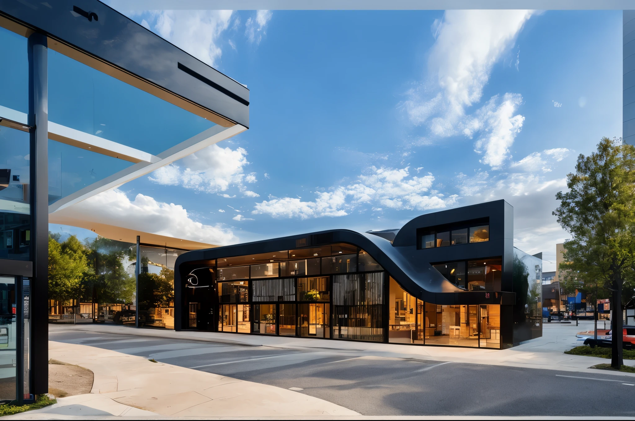 Black irregular buildings, showroom, modern style, curved facade, street road, trees , cloud and sky