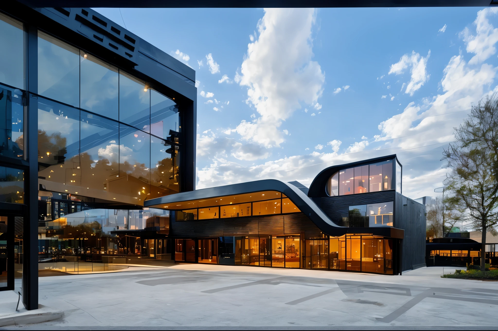 Black irregular buildings, showroom, modern style, curved facade, street road, trees , cloud and sky