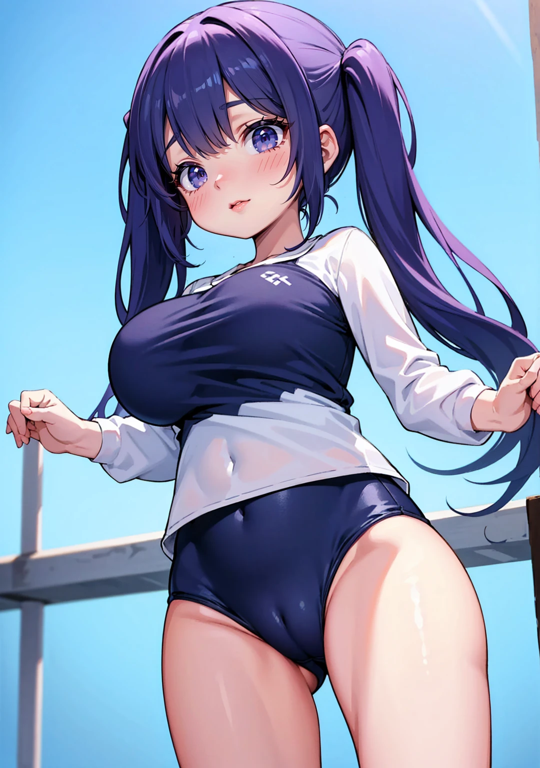 Cute , short girl, (best quality, 12K, highres, masterpiece:1.2), shortstack, (gigantic breasts:1.2), slim body, twintails, adorable expression, vibrant colors, soft lighting, delicate features, innocent eyes, playful smile, school swimsuit, crotch cutout, crotchless.