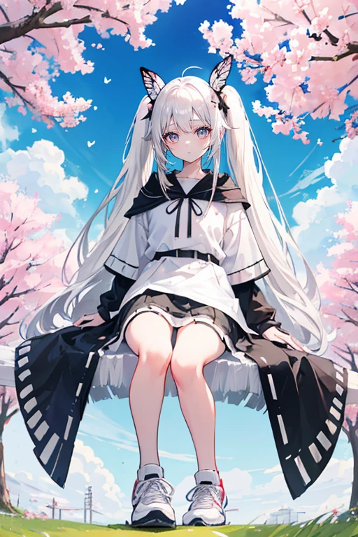 white hair，long hair，Bangs，twintails，Bangs整齐，gray eyes，Black hair rope，butterfly hair ornament，girl，cute，，white shirt，skirt，cloak，Wearing sneakers，Stand up exercise，whole body，Don't show your arms，The background is a lawn，Lots of cherry blossom trees，Blue sky and white clouds