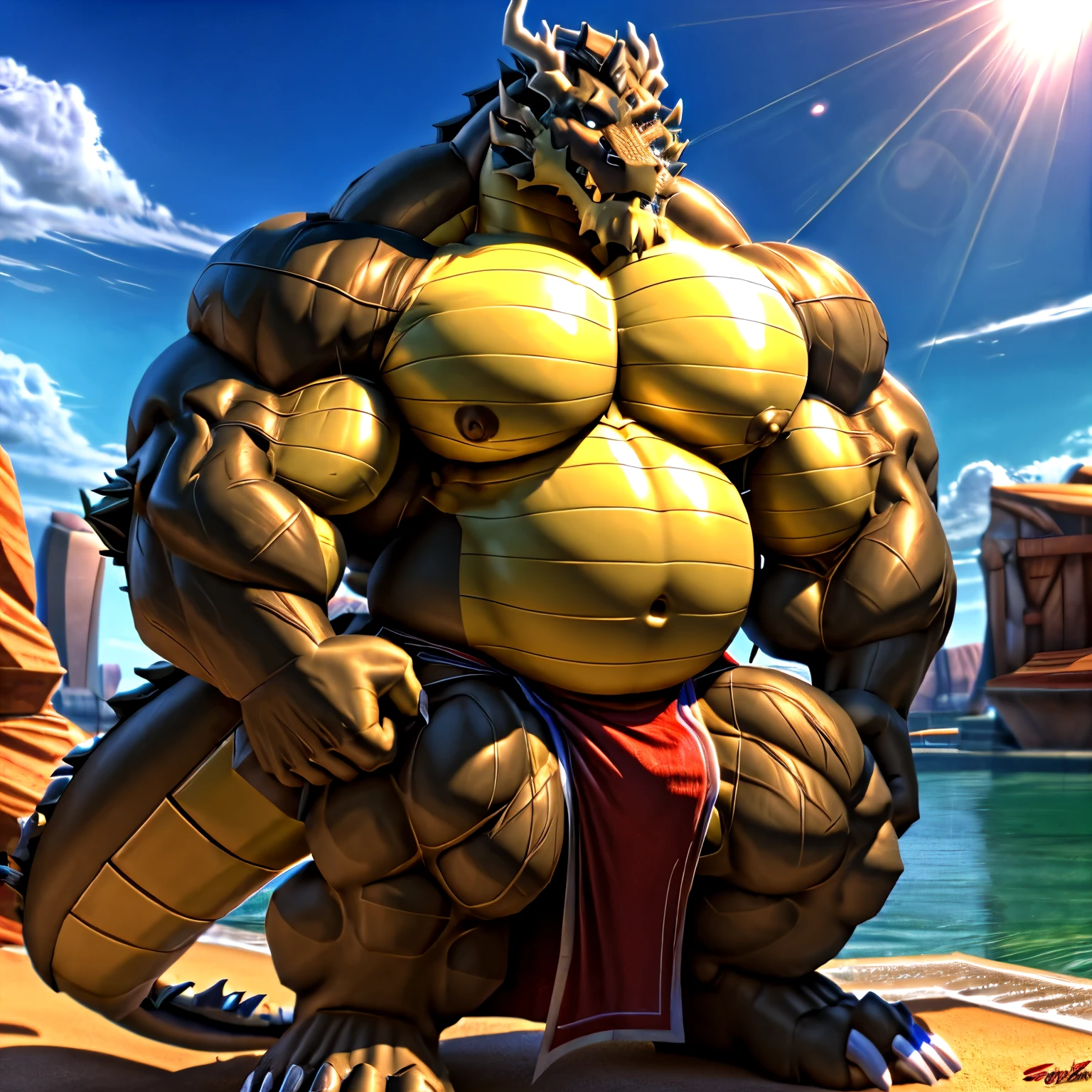 shendu, eastern dragon king, male dragon, eastern dragon,hefty body, with very big muscles, hulking, huge, colossal body, extremely strong, big abdominal muscles, hefty musclegut, pecs, Strong and robust musclegut , prominent muscle abs, sharp claws, legs, feet, full body, loincloth, HDR, nipples, sunlight, daylight, outdoor, bright , at noon, good weather, 4k, best quality .