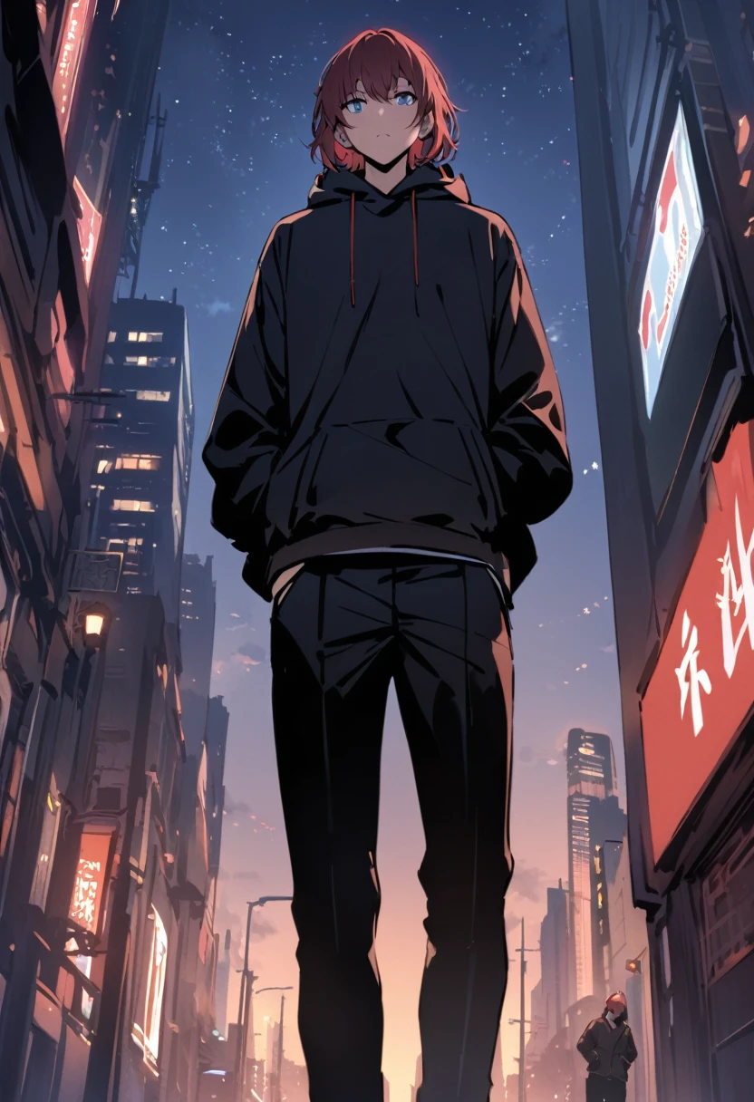 (masterpiece, best quality:1.2), night, star \(sky\), cityscape scenery, from below, hands in pockets, 1guy, city street background, walking, medium hair, black hoodie, hoodie covered his head, black pants, red hair, blue eyes, fit body, medium shot, close-up, straight-on