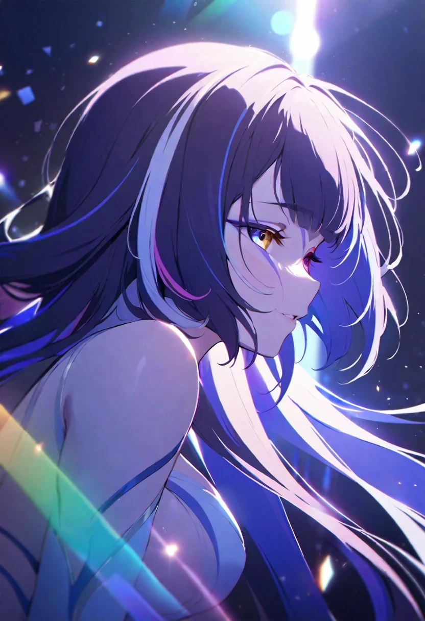 ((shylily)),{{masterpiece}}, best quality, extremely detailed CG unity 8k wallpaper, cinematic lighting, lens flare, beautiful detail eyes, black, side glance, multicolor hair, colorful light, particles, heterochromia, (colorful:1.5), (colorful hair:1.5),