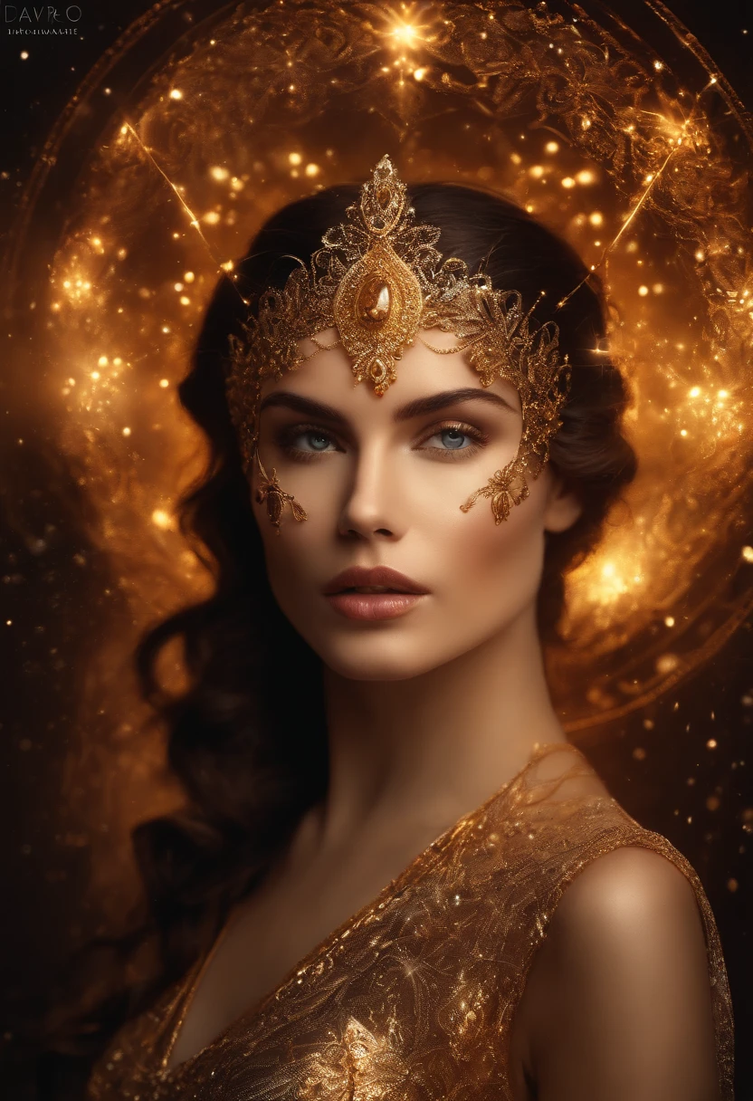 cosmic woman, olhos escuros brilhantes, golden period clothing with flame outlines,olhar obscuro  estranho, repugnante, de pesadelo, Cores muito brilhantes, light particles, com luz brilhando, arte de papel de parede, Papel de parede UHD