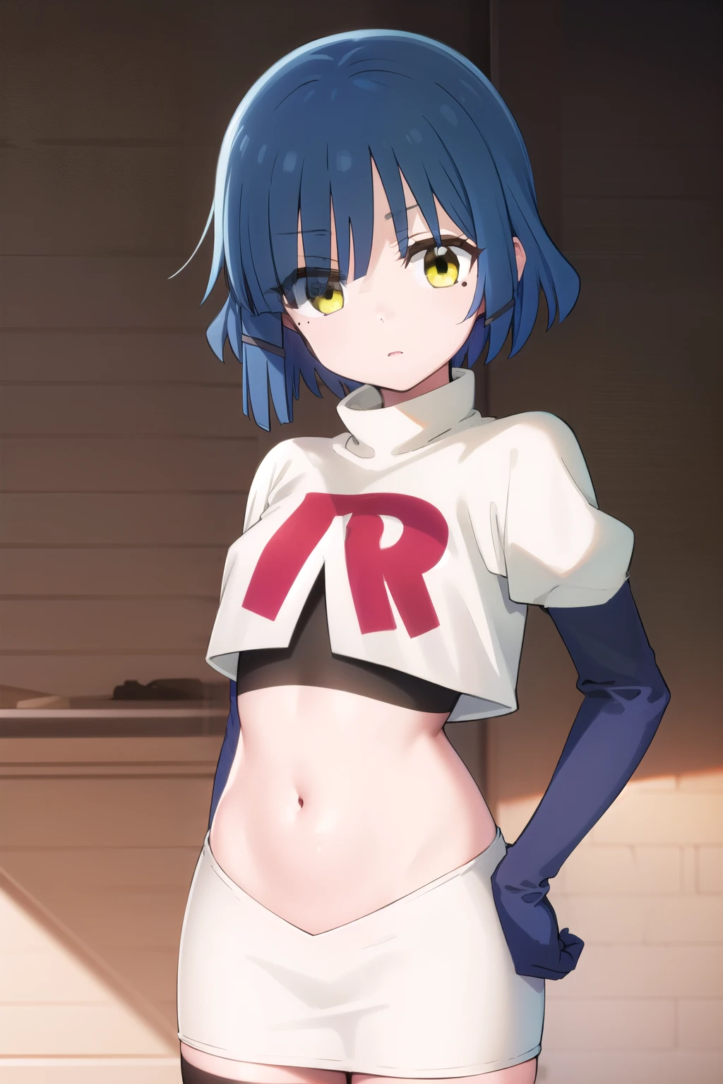 ryouyamada, ryou yamada, blue hair, eyes visible through hair, mole, mole under eye, short hair, (yellow eyes:1.3), hairclips,
BREAK team rocket,team rocket uniform,white skirt,red letter R,crop top,black thigh-highs,black elbow gloves
BREAK looking at viewer, (cowboy shot:1.5),
BREAK (masterpiece:1.2), best quality, high resolution, unity 8k wallpaper, (illustration:0.8), (beautiful detailed eyes:1.6), extremely detailed face, perfect lighting, extremely detailed CG, (perfect hands, perfect anatomy),