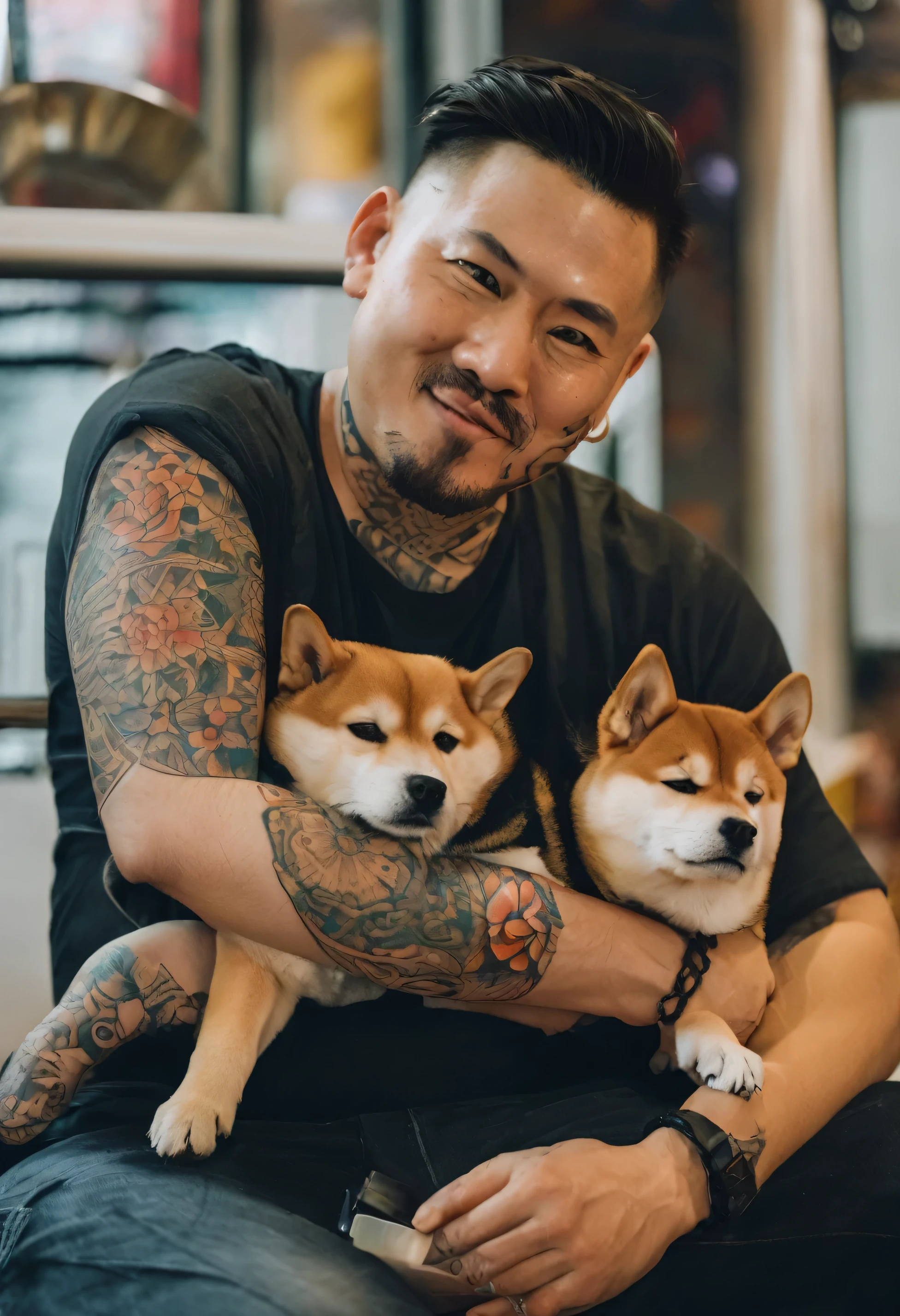 photo of a man, having shiba inu tattooed on his arm