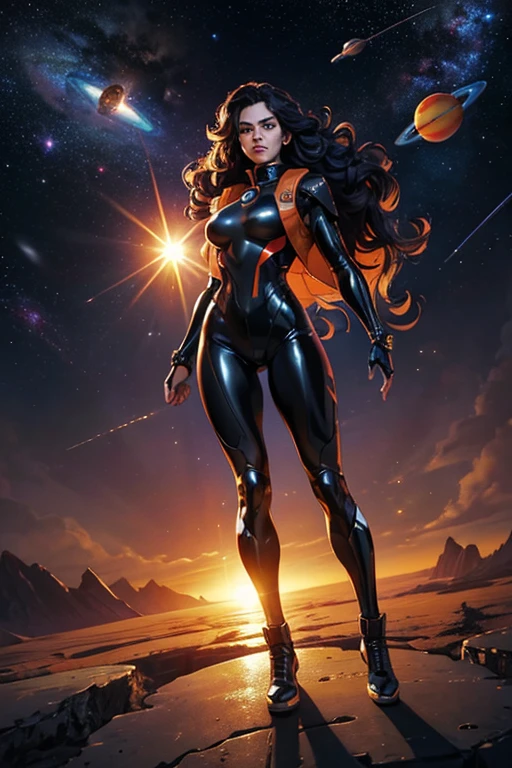 best quality, masterpiece, woman space super hero, full body, angry, hi-tech vest over black latex suit, long curly hair, floating in deep space, with several planets and suns in the background