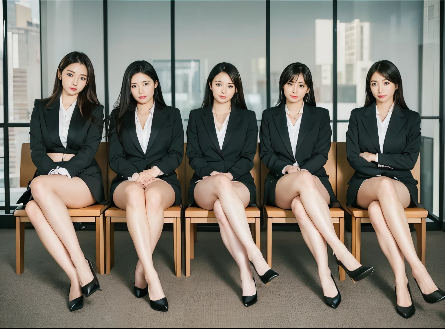 japanese woman、black long hair、hair with volume、beautiful face、double eyelid、suit、micro miniskirt、beautiful feet、long legs、Office Lady、barefoot、thighs、、tall、stiletto heelodel pose、height 180cm、cross your legs、