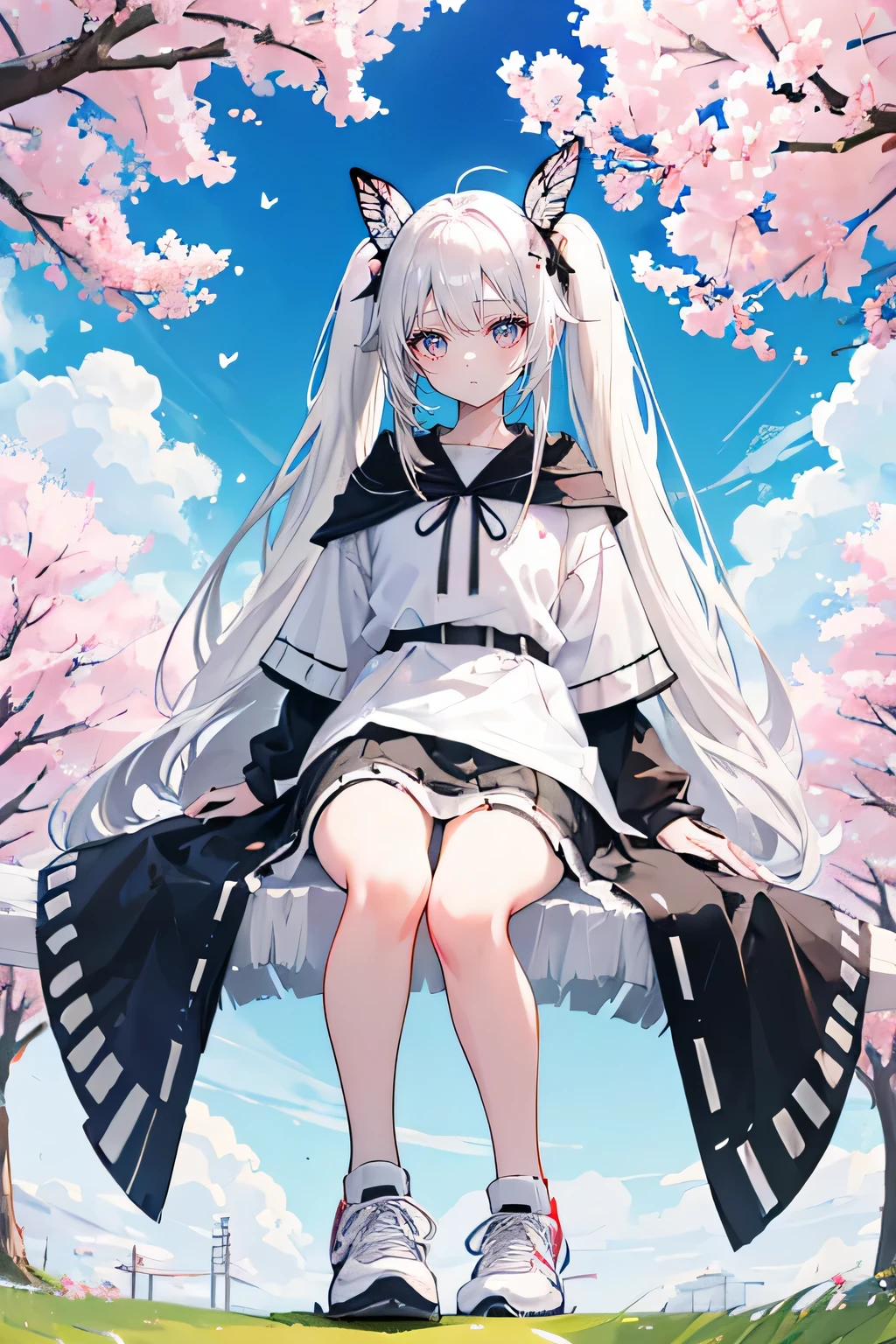 white hair，long hair，Bangs，twintails，Bangs neatly，gray eyes，Black hair rope，butterfly hair ornament，girl，cute，，white shirt，skirt，cloak，Wearing sneakers，Stand up exercise，whole body，Don't show your arms，The background is a lawn，Lots of cherry blossom trees，Blue sky and white clouds