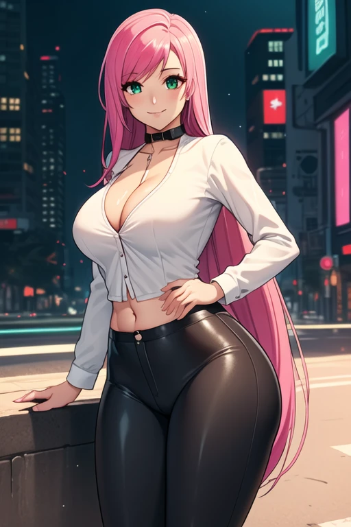 1 girl, 19 years old, Long pink hair, green eyes with slit pupils, master-piece, best quality, (standing up), (white buttoned blouse), (tight long sleeve white crop blouse, black pants, bright red heels, cleavage),  (Big , ultra gigantic , Super super big, Glamorous body), Make eye contact with the camera, front figure, looking forward, (light_Smile:1.5), (Detailed hands and fingers:1.2) (Cyberpunk City), (FULL BODYSHOT), thighs thighs thighs thighs、beauty legs、Bare legs