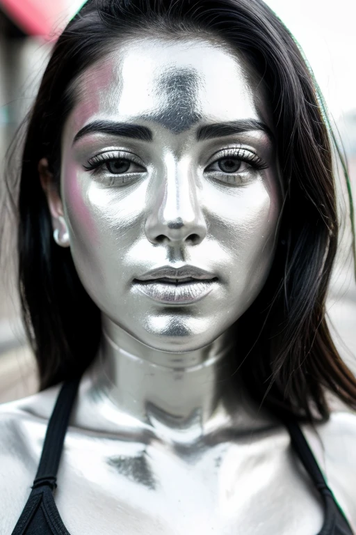 city street, neon , fog, volumetric, closeup portrait photo of beautiful young mexican woman silver living statue, intricate perfectly body head face metallic chrome silver paint, detailed facial head body, lifelike expression, living statue, metallic chrome silver tone, perfectly drawn face body head, black hair, (wearing black tank top),