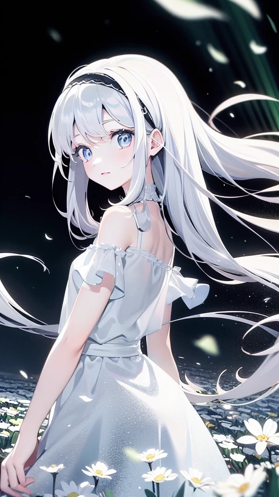 ((masterpiece, best quality))++, Detail lights+, detail hair+, Detail hand+ ,1 girl, long gray hair, dark blue eyes, beautiful eyes, Young gray hair,,(beautiful white hair:1.5),(beautiful eyes), high resolution+, , Glass tones, Reflective eyeanyery detail wallpaper, The original, ,Headband ,Nature,Beautiful aurora,single ponytail,city street,A splendid sea of flowers,Colorful aurora lights shining in the night sky,Girl looking back on the grass
