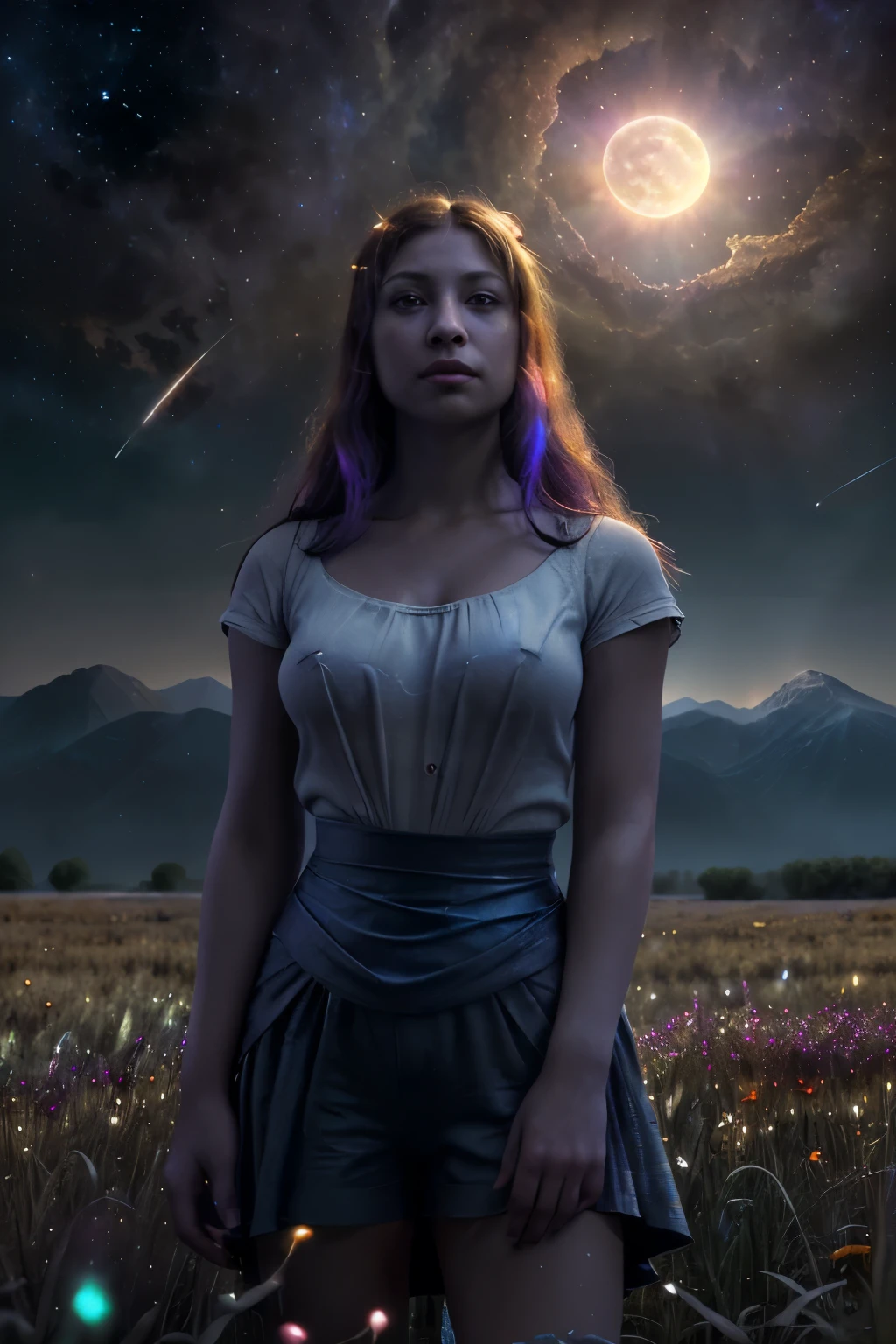 expansive landscape photograph , (a view from below that shows sky above and open field below), a girl standing on flower field looking up, (full moon:1.2), ( shooting stars:0.9), (nebula:1.3), distant mountain, tree BREAK
production art, (warm light source:1.2), (Firefly:1.2), lamp, lot of purple and orange, intricate details, volumetric lighting, realism BREAK
(masterpiece:1.2), (best quality), 4k, ultra-detailed, (dynamic composition:1.4), highly detailed, colorful details,( iridescent colors:1.2), (glowing lighting, atmospheric lighting), dreamy, magical, (solo:1.2)