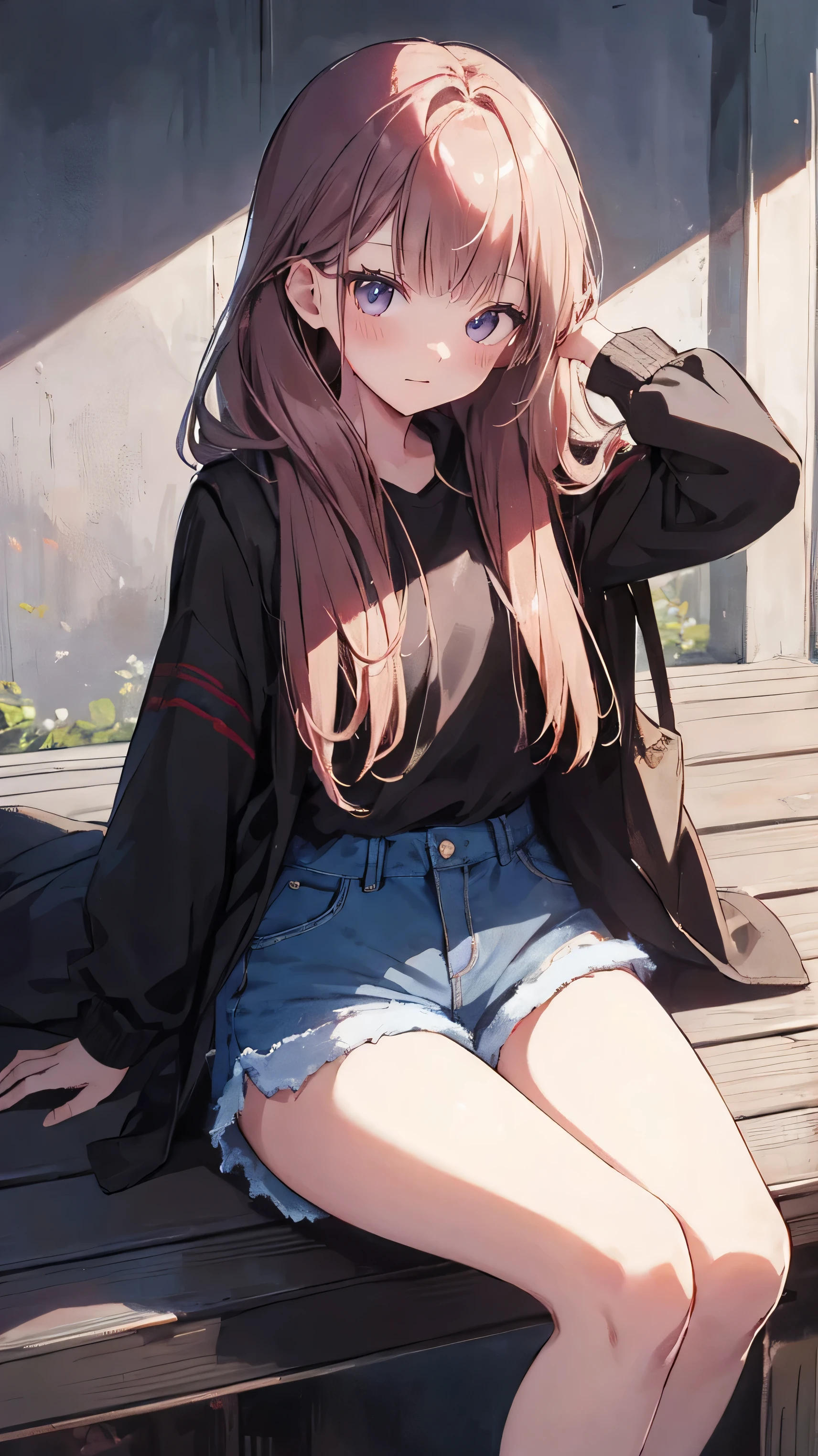 master piece、Highest image quality、highest quality、 ((panic))、glossy hair quality、small face、sitting、Super detailed and beautiful bright eyes、Super detailed clear and beautiful face、(cute illustration:1.2), High-resolution, ultra-detailed, best quality, embarrassed、(Gaps in shorts)、(cute underwear)