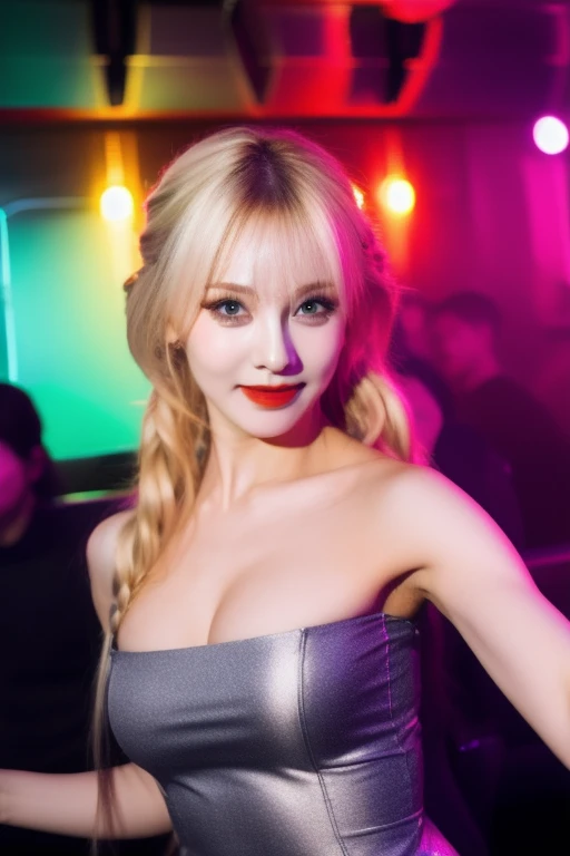 (8k, 4k, best quality, highres, ultra high res:1.1), (masterpiece, realistic:1.1), 1girl, face, waist up pose , pose 1.4 to camera , facing front to camera , various shot angle , twintails, blonde hair, black eyes, red lips, (looking at viewer:1.5), absurdly long hair, long eyelashes, eyeshadow, sexy shoulders, off shoulder sexy Minimalist gray transparant sexy dancer dress, facing front to camera , pose 1.4 to camera , various shot angle , inside modern night club at night time ambience , damp, cleavage