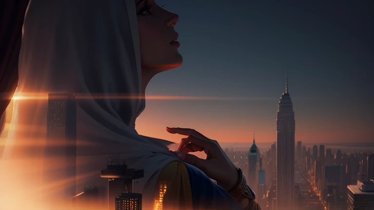 Arabian woman with cityscape in the background, woman silhouette, beautiful photo, Looking at the city, By Jacob Gauermann, Double exposure portrait, Double Exposure Effect, Written by Kurt Roesch, female figure in the shadow, Sun and shadow in the city, Double exposure photography, Written by Adam Marcinski, Written by Matija Jama