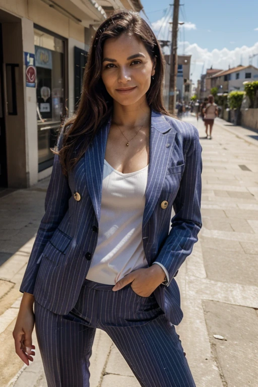 (corpo todo), (na cidade), a 40 year old woman looking at the camera, Cabelo ondulado longo, rosto lindo detalhado, sorrindo levemente, lilac pinstripe suit , long, athletic legs, action photo, copos, fundo de praia, dia, foto realista, CG, art station, obra de arte, High Definition Photography