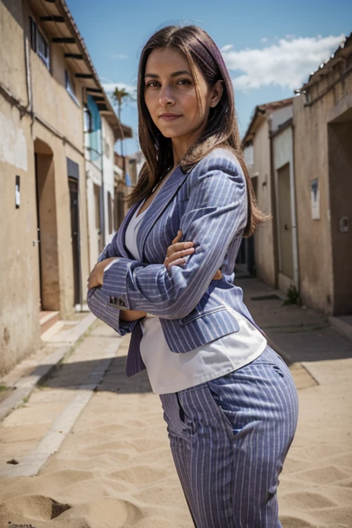 (corpo todo), (na cidade), a 40 year old woman looking at the camera, Cabelo ondulado longo, rosto lindo detalhado, sorrindo levemente, lilac pinstripe suit , long, athletic legs, action photo, copos, fundo de praia, dia, foto realista, CG, art station, obra de arte, High Definition Photography