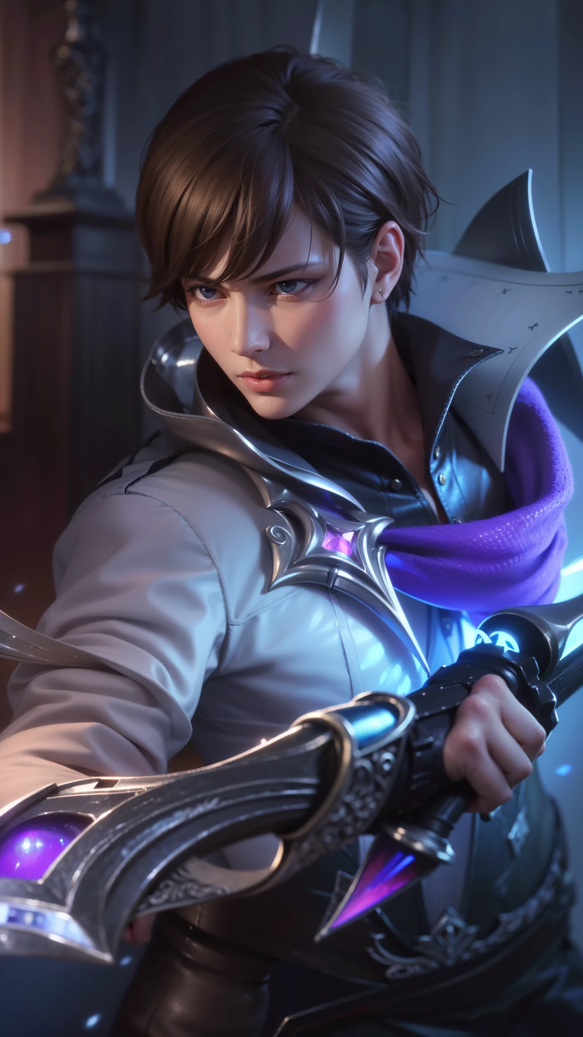 a close up of a person holding a sword in a room, masculine male, masterpiece, ((perfect eyes)) best quality, (semirealism:1.9), beautiful lighting, (extremely detailed CG unity 4k fhd wallpaper), High Detail, Sharp focus, dramatic outdoors, 1 boy ,19 years old, light purpel eyes, 8k, ultra hd, ultra detailed texture, hyper realistic, masterpiece, detailed texture, detailed face, detailed skin, detailed lighting, (photorealistic:1.5), best quality, beautiful lighting, cinematic lighting, professional lighting, ultra highres, realistic, detailed hair, real hair, high quality, (realskin:1.5), extremely detailed, finely detail, ultra-detailed, glare.