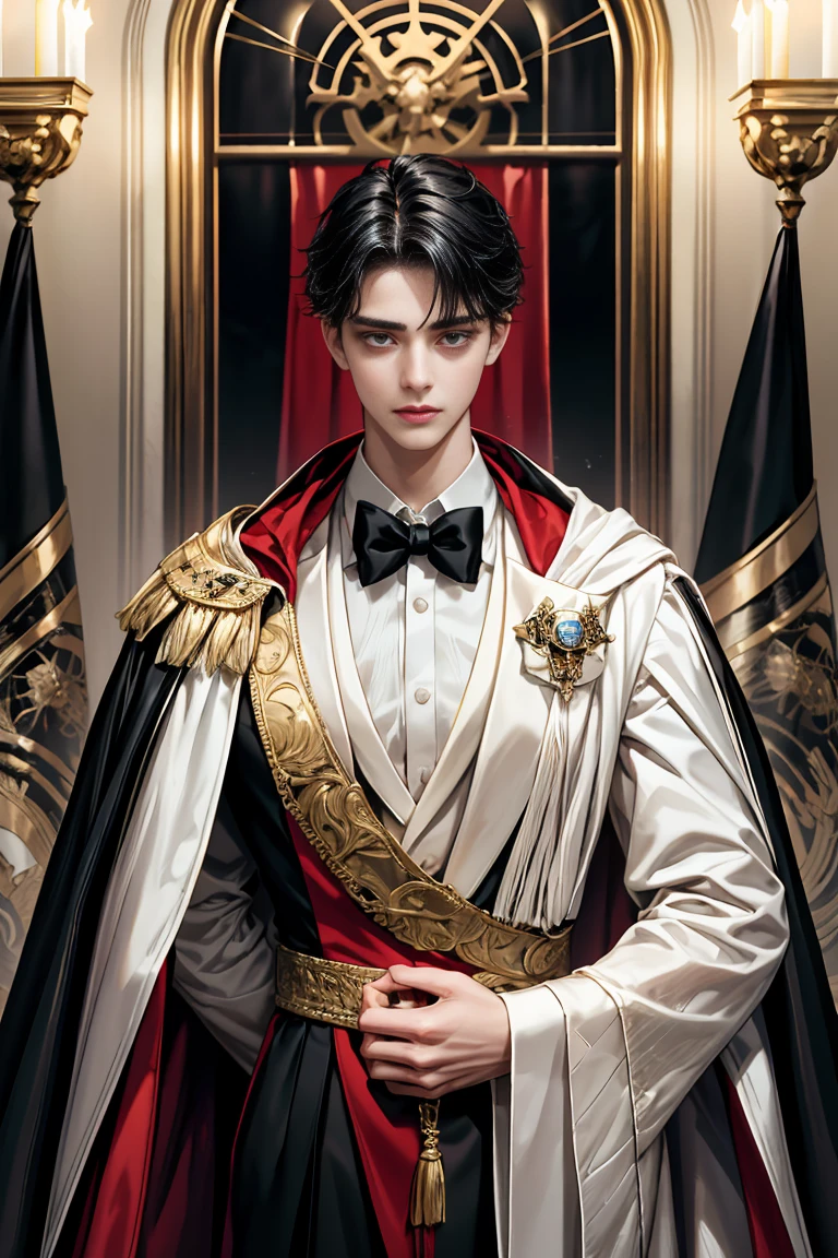 
masterpiece, 最high quality, high quality, 1 boy, alone, male focus, looking at the viewer, whole body, Winning spirit_destiny, Messy black hair, blue adorable big eyes, white people, Noble, Noble, Noble的な吸血鬼、An elegant tuxedo,A very large, very tall stand-up collar, a very large, very long, long cape that reaches down to the floor, made of a lot of fabric, red and black., 17 years old,cute beautiful boy,cute cute handsome boy