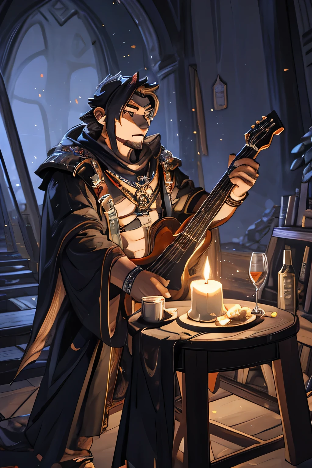 A man Bard with magic lute enchants in mystical forest of medieval fantasy, conjuring melodies in the dark night.