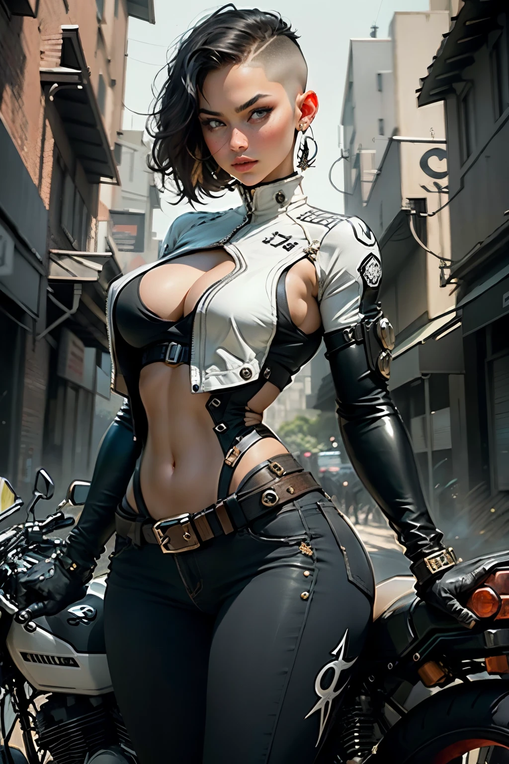 A mesmerizing masterpiece captures the essence of a beautiful busty biker woman, with her daring presence and confident aura. Her buzz cut hair accentuates her strong features, while her narrow waist and wide hips create an alluring silhouette. The intricate details showcase her navel, adding a touch of sensuality to the artwork. With every stroke, this highly detailed portrayal brings her fierce spirit to life.