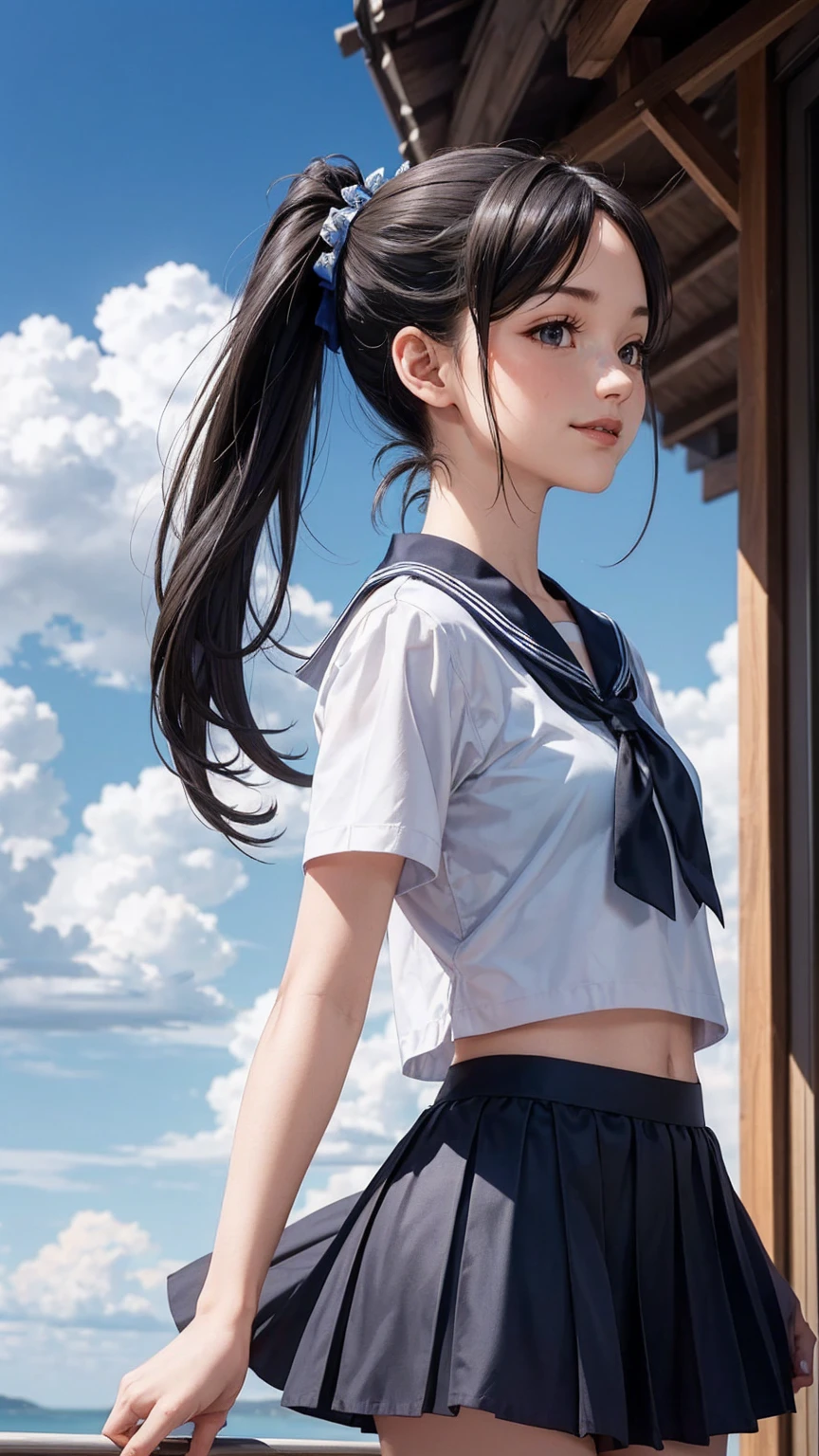 (最high quality, 8K, masterpiece: 1.3, Ultra HD, high quality, 最high quality, High resolution, realism)) 、slender、slenderだがアスリートのような細マッチョ、I don't want my head to disappear from the screen.、inner color((colored inner hair))、Smile((smile))、black hair((black hair))、black eye、Summer Clothes((white))wear a sailor suit、Navel visible、Wear a navy blue pleated skirt、white靴下履く、Three-ply chignon((triple bun))、summer blue sky、There is a contrail between the clouds、Low-angle perspective、Lush、front ponytail((front ponytail))、Under the shade