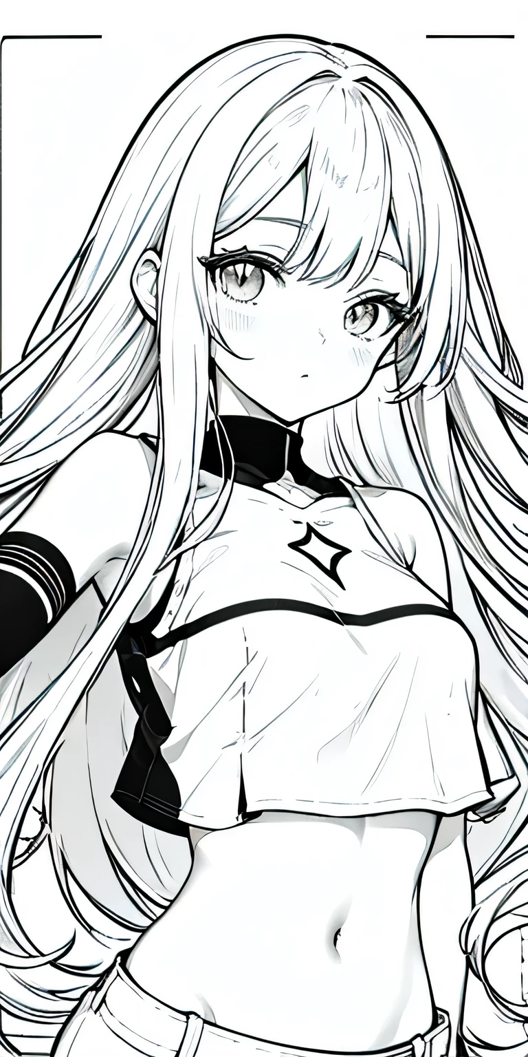 Portrait of a cute anime girl with long straight hair, wearing a crop top, beautiful,lineart, monochrome, masterpiece, best quality, ar 3:4