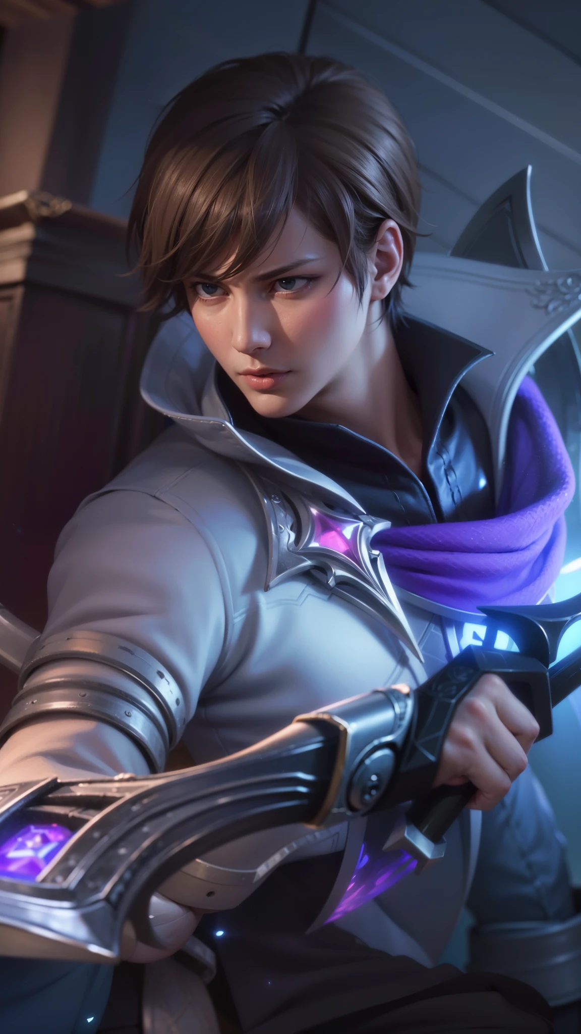 a close up of a person holding a sword in a room, masculine male, masterpiece, ((perfect eyes)) best quality, (semirealism:1.9), beautiful lighting, (extremely detailed CG unity 4k fhd wallpaper), High Detail, Sharp focus, dramatic outdoors, 1 boy ,19 years old, light purpel eyes, 8k, ultra hd, ultra detailed texture, hyper realistic, masterpiece, detailed texture, detailed face, detailed skin, detailed lighting, (photorealistic:1.5), best quality, beautiful lighting, cinematic lighting, professional lighting, ultra highres, realistic, detailed hair, real hair, high quality, (realskin:1.5), extremely detailed, finely detail, ultra-detailed, glare.