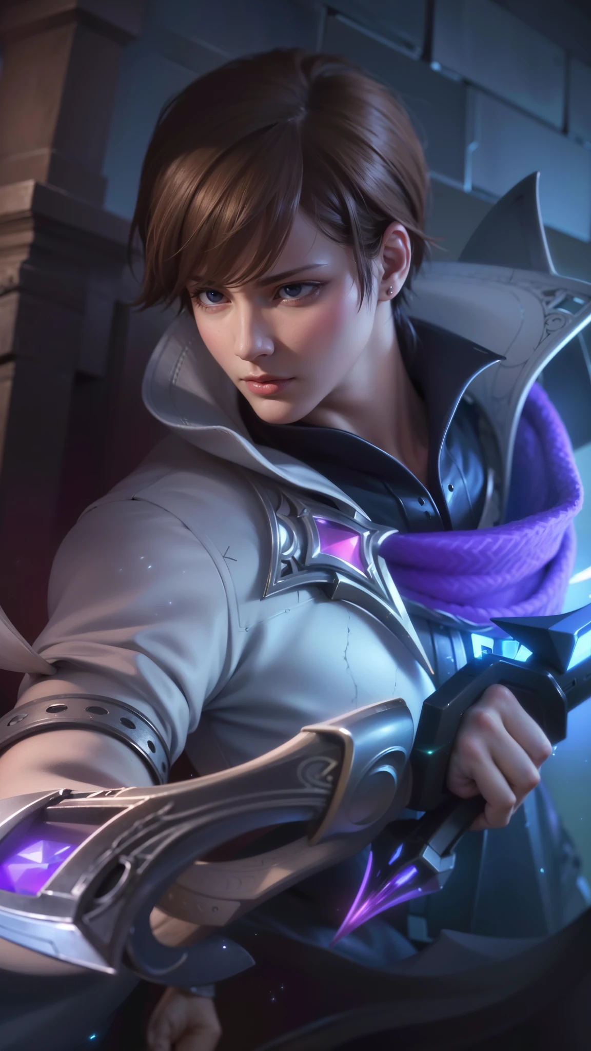 a close up of a person holding a sword in a room, masculine male, masterpiece, ((perfect eyes)) best quality, (semirealism:1.9), beautiful lighting, (extremely detailed CG unity 4k fhd wallpaper), High Detail, Sharp focus, dramatic outdoors, 1 boy ,19 years old, light purpel eyes, 8k, ultra hd, ultra detailed texture, hyper realistic, masterpiece, detailed texture, detailed face, detailed skin, detailed lighting, (photorealistic:1.5), best quality, beautiful lighting, cinematic lighting, professional lighting, ultra highres, realistic, detailed hair, real hair, high quality, (realskin:1.5), extremely detailed, finely detail, ultra-detailed, glare.