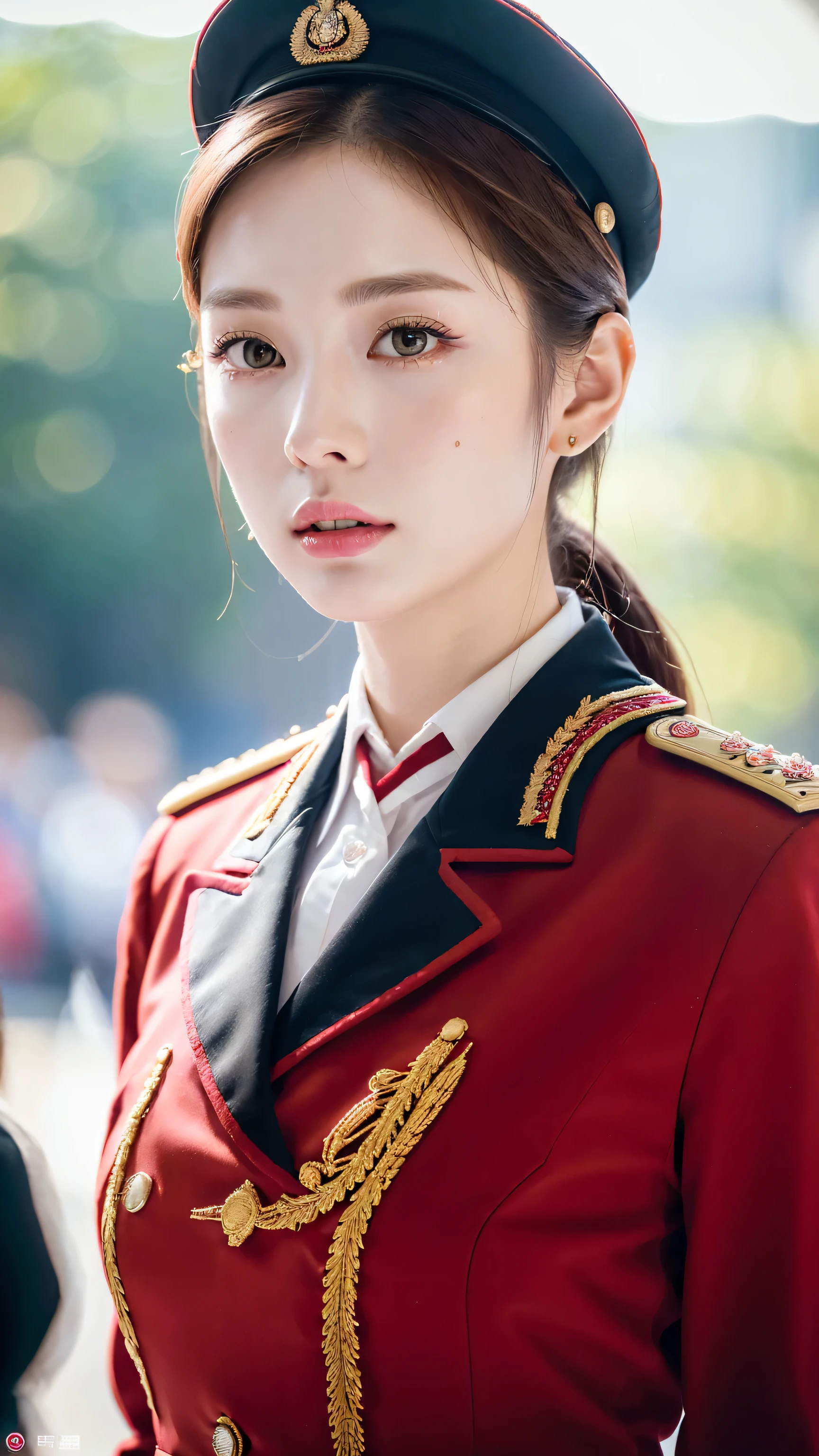 ((Realistic lighting, Masterpiece: 1.3)), (raw photo:1.2), Hyperrealist portrait Beautiful Chinese girl, 20 years old, ((pale skin: 1.6)), beautiful eyes, very detailed eyes and face, (full real formal crimson red military uniform), (crimson red pencil skirt), (military cap), ((high rank)), military cape, charming serious face, natural makeup: 1.2, (military standing pose), chignon hair style, Best quality, 8K, professional photography, (full body), parade background