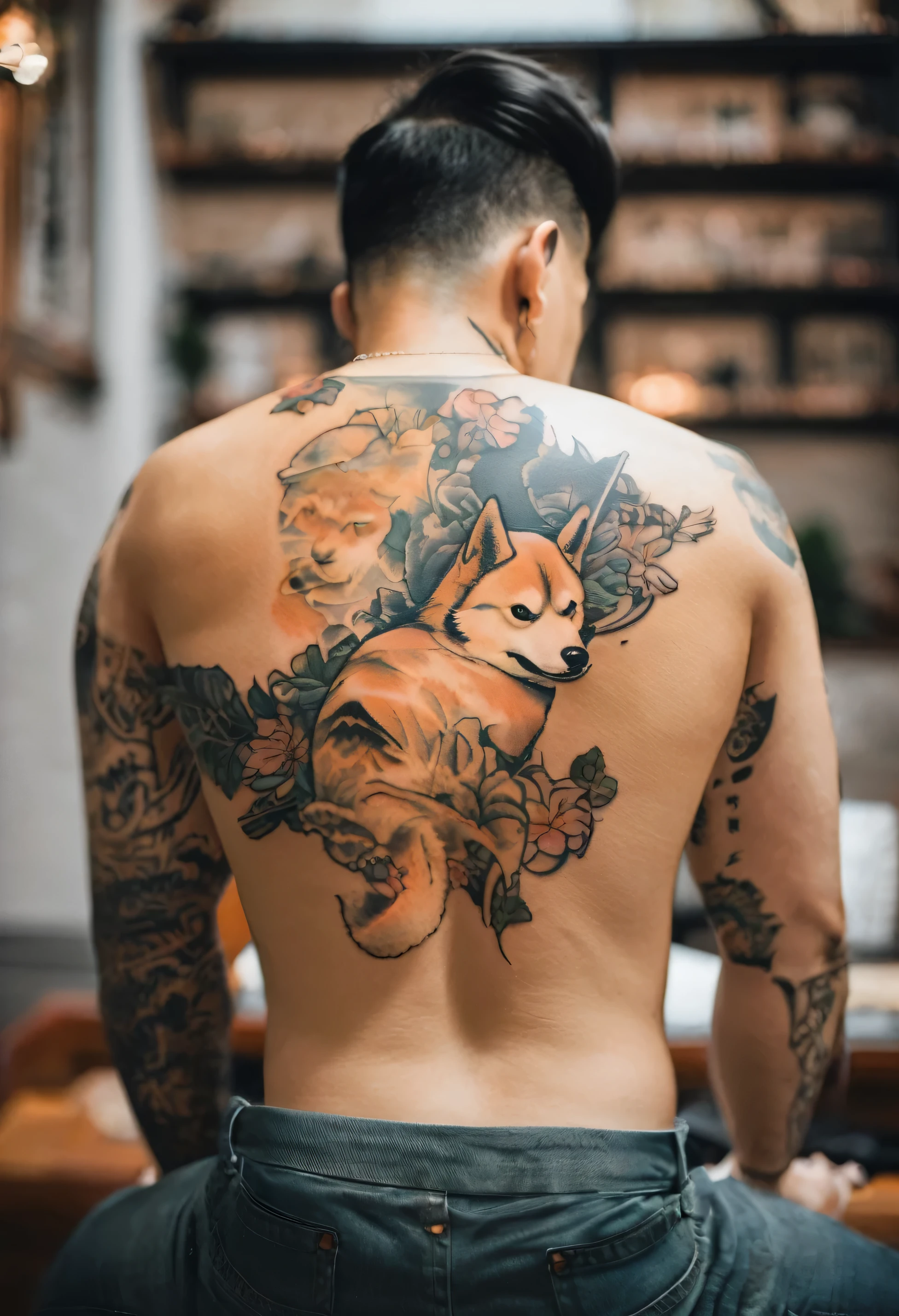 photo of a mans back, having shiba inu tattooed on his back