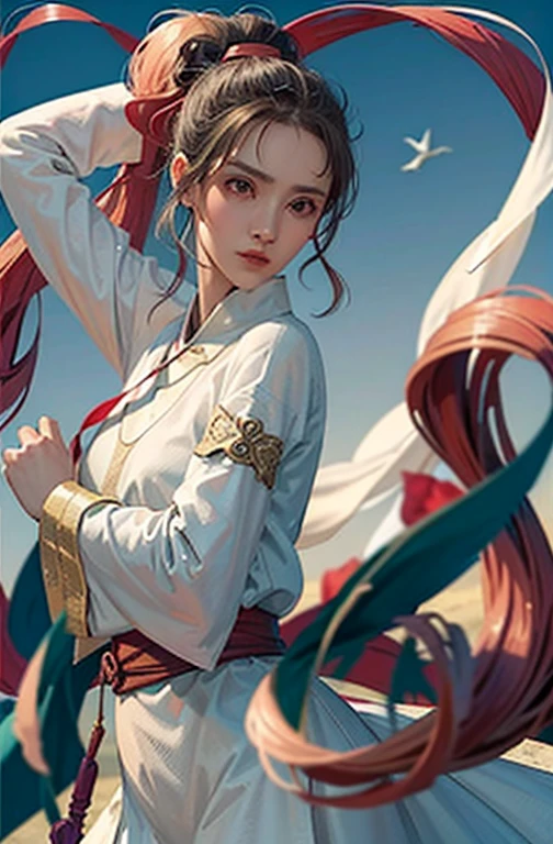 1girl se veste como se movesse The Flying Swords of Dragon Gate, Fundo de antigas fortalezas chinesas, muralhas da cidade, cape, Deserto, neve, peludo_casaco, peludo_Capa, neve, linho_roupas, Bambu_tem, obra de arte, Melhor qualidade, 8k, Fotorrealista,pose estilo de luta wing chun,kung fu, luta combate corpo a corpo, wing chun, ip Man perspectiva 3.0,escala 3, enquadramento 6, composition 6 meters 