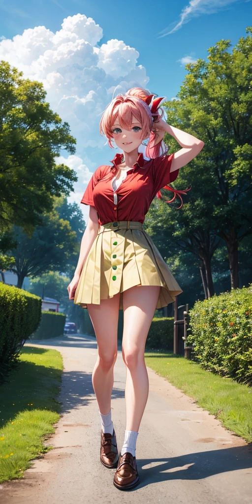 1girl, medium red hair, blue eyes, wearing plain white shirt, miniskirt, ass, nipples, rural, absurdres, high res, ultrasharp, 8K, masterpiece, looking at viewer