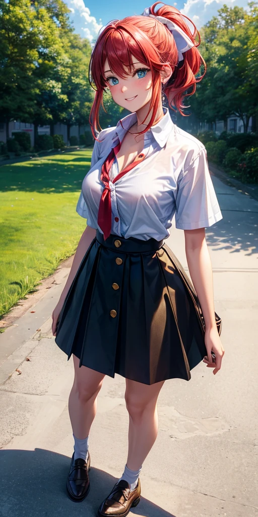1girl, full body, summer, village, trees, sun, clouds, ((colorful hair)), ponytail, large breasts, button down, blue eyes, ((red, white and green shirt)), ((unbuttoned shirt)), unbuttoning buttons, ((short sleeved shirt)), black mini skirt, brown shoes, grin, looking at the viewer, standing, red, white and green hair ribbon, ((golden necklate))