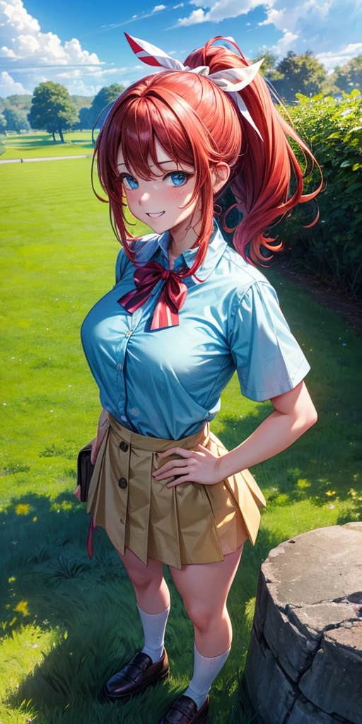 1girl, full body, summer, village, trees, sun, clouds, ((colorful hair)), ponytail, large breasts, button down, blue eyes, ((red, white and green shirt)), ((unbuttoned shirt)), unbuttoning buttons, ((short sleeved shirt)), black mini skirt, brown shoes, grin, looking at the viewer, standing, red, white and green hair ribbon, ((golden necklate))