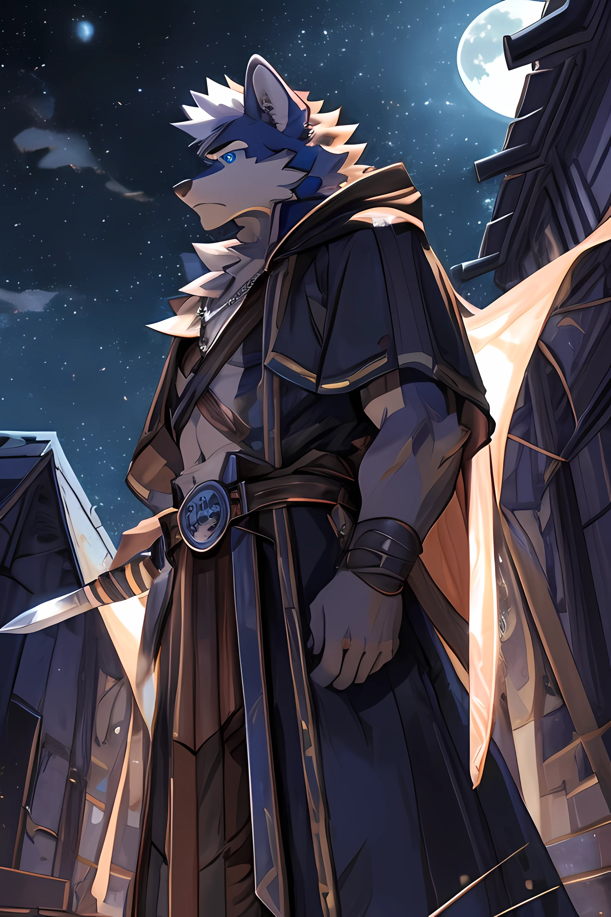 Blue fur, white hair, left hand (character angle) hold greatsword on shoulder, looking to the right (character angle), stern expression, blue eyes, dark blue cape, black robe, glowing light blue moon necklace, wear dark blue partial-gambeson around waist.