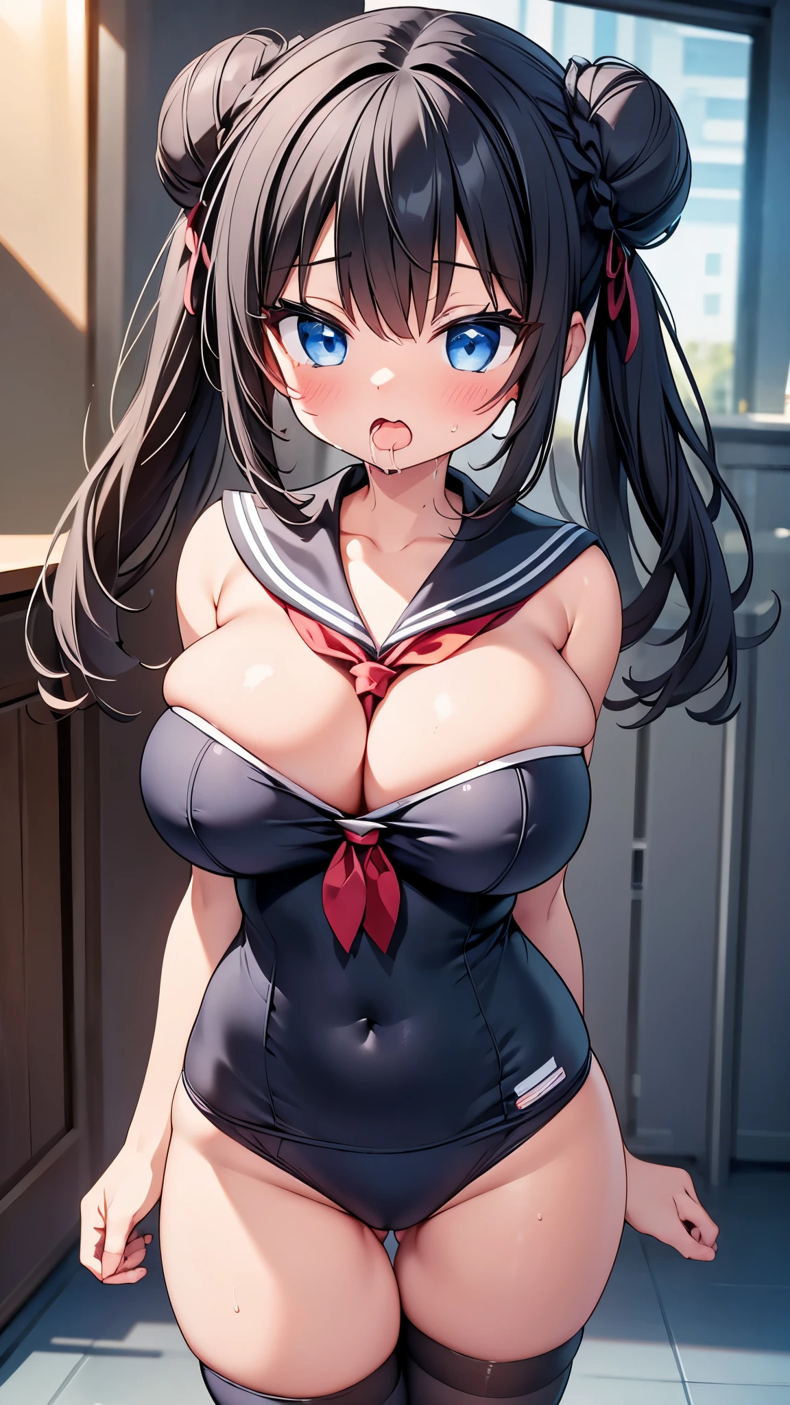 highest quality,wonderful,finely,extremely detailed CG Unity 8K wallpaper, (1 girl,black hair, blue eyes,double bun), (gigantic breasts:1.2), (Sailor swimsuit:1.1), (open mouth:1.2), (long tongue:1.2), (mouth drool:1.2),(zettai ryouiki:1.2)