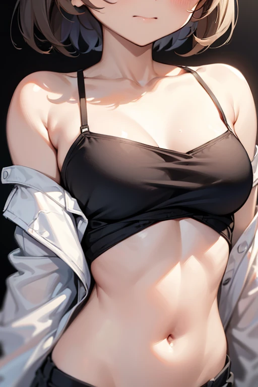 1girl,solo,retina,masterpiece, Awards, high quality, High resolution, HD, 4K,8K,high quality, rough skin,(large breasts:1.3),faint smile,oily skin,underside of breasts,(mochi shaped breasts:1.2),(breast focus,closeup upperbody:1.5),baby face,(short height,petite:1.4),(long camisole:1.3),breasts roundness,(stradding legs:1.2),(breasts shaped clothes,adjusting clothes:1.2),Neat clothes,white clothe,pov,from below