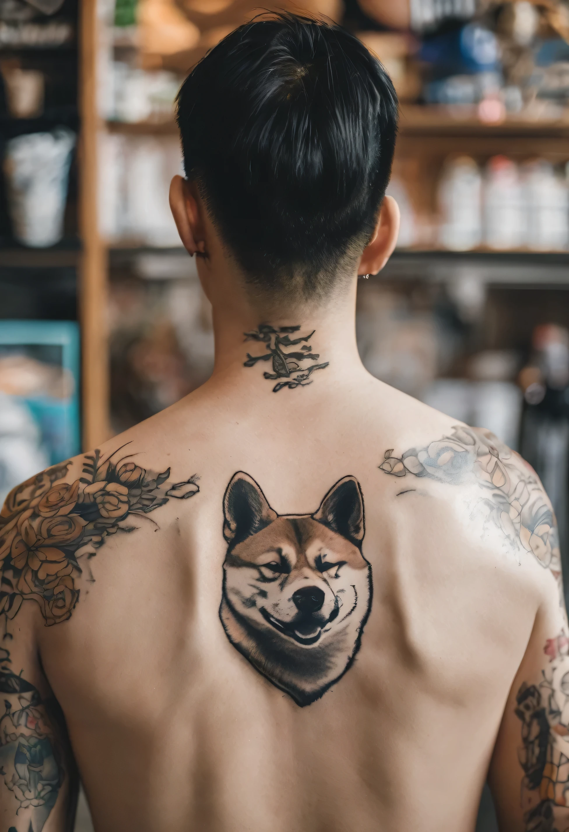 photo of a mans back, having shiba inu tattooed on his back