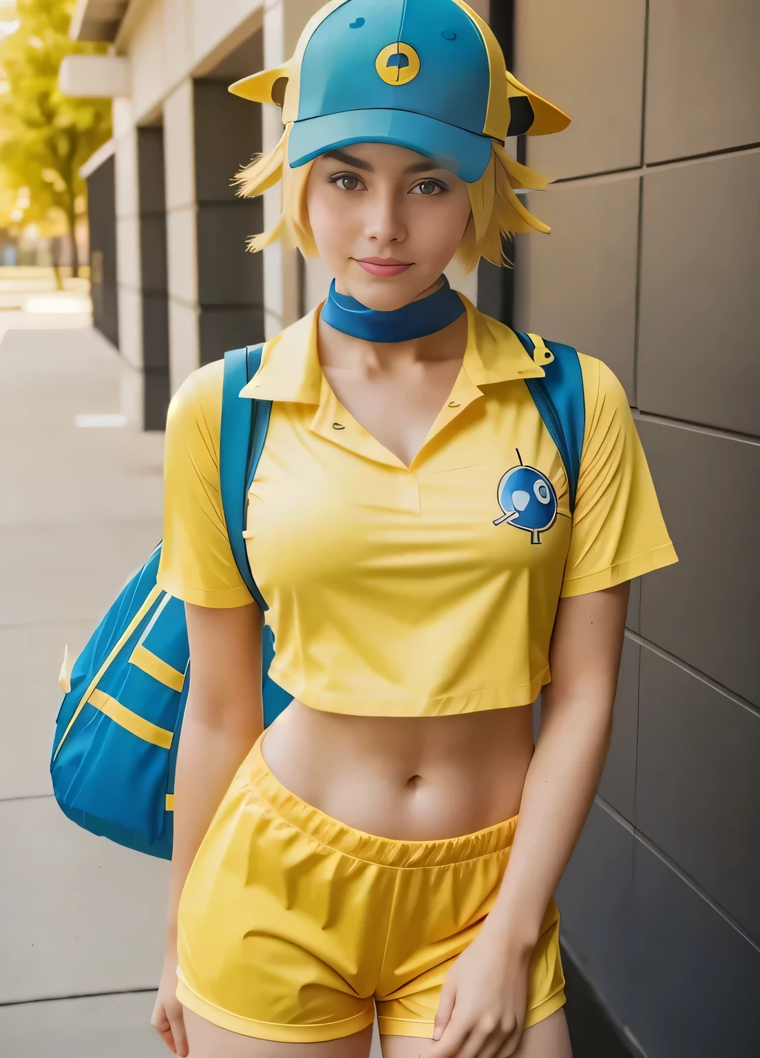 araffe in a yellow shirt and blue hat posing for a picture, misty from pokemon, full-cosplay, anime girl cosplay, professional cosplay, anime cosplay, pokemon trainer outfit, pikachu as a human, senna from league of legends, anime girl in real life, lux from league of legends, cosplay photo, as overwatch character, as an overwatch character, pokemon inspired