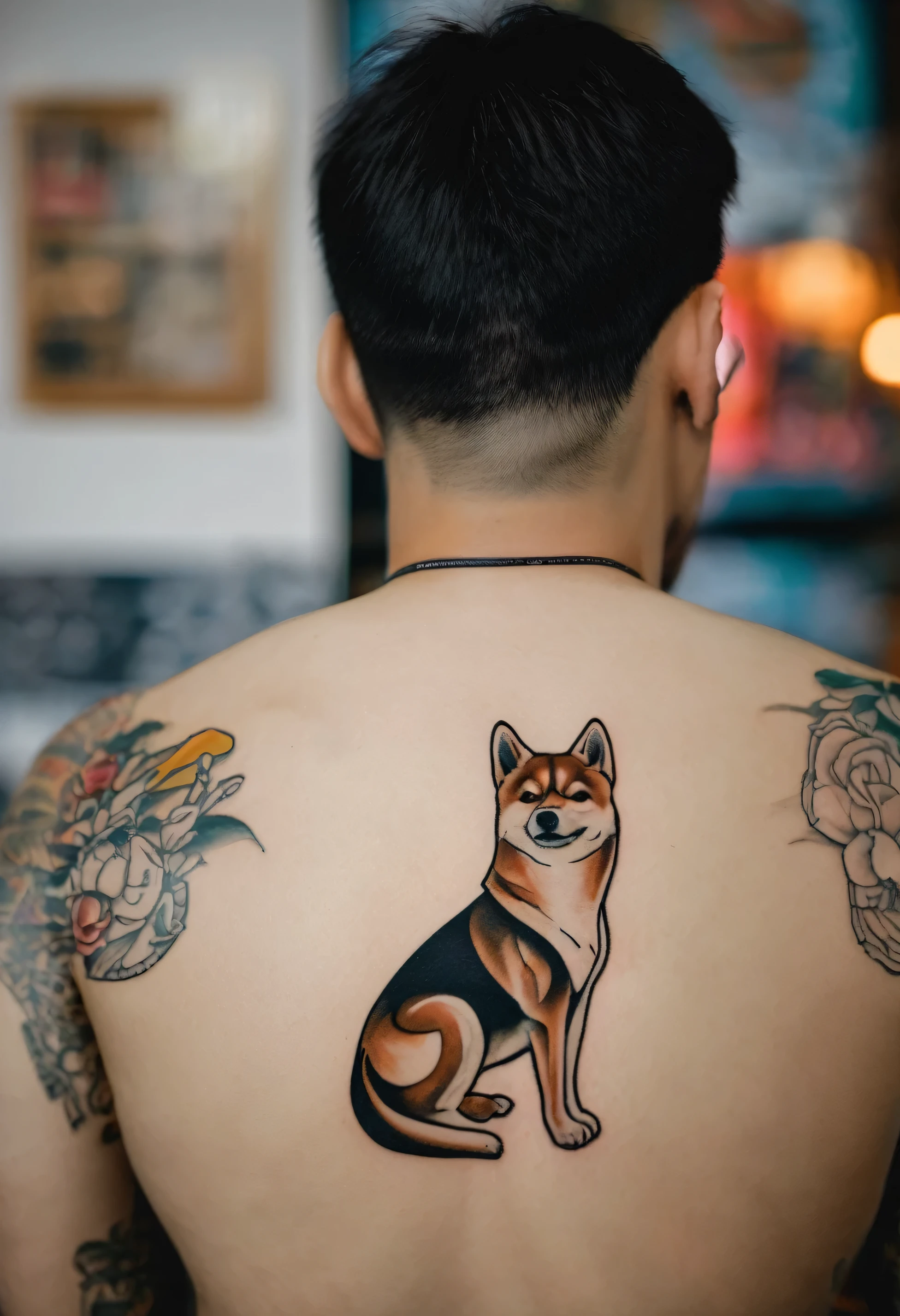 photo of a mans back, having shiba inu tattooed on his back