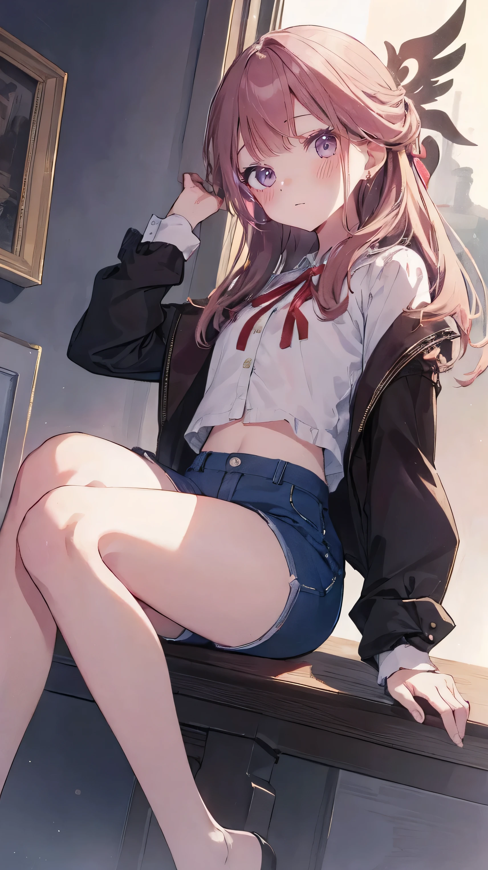 master piece、Highest image quality、highest quality、 ((panic))、glossy hair quality、small face、sitting、Super detailed and beautiful bright eyes、Super detailed clear and beautiful face、(cute illustration:1.2), High-resolution, ultra-detailed, best quality, embarrassed、(Gaps in shorts)、(cute underwear)