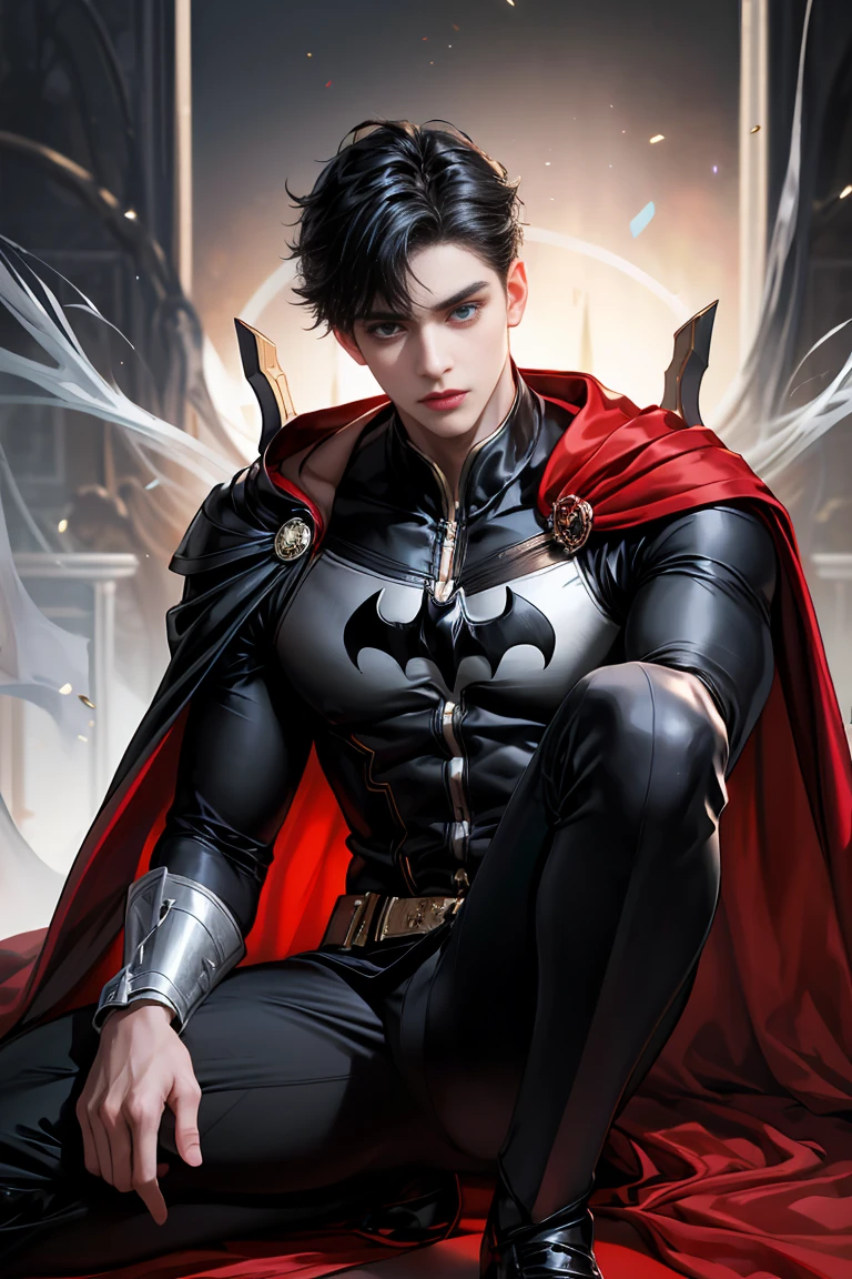 
masterpiece, 最high quality, high quality, 1 boy, alone, male focus, looking at the viewer, whole body, Winning spirit_destiny, Messy black hair, blue adorable big eyes, white people, Noble, Noble, batman、A very big, very big, very big, very long, long red and black cape made with a lot of fabric that reaches all the way down to the floor, ,cute beautiful boy,cute cute handsome boy