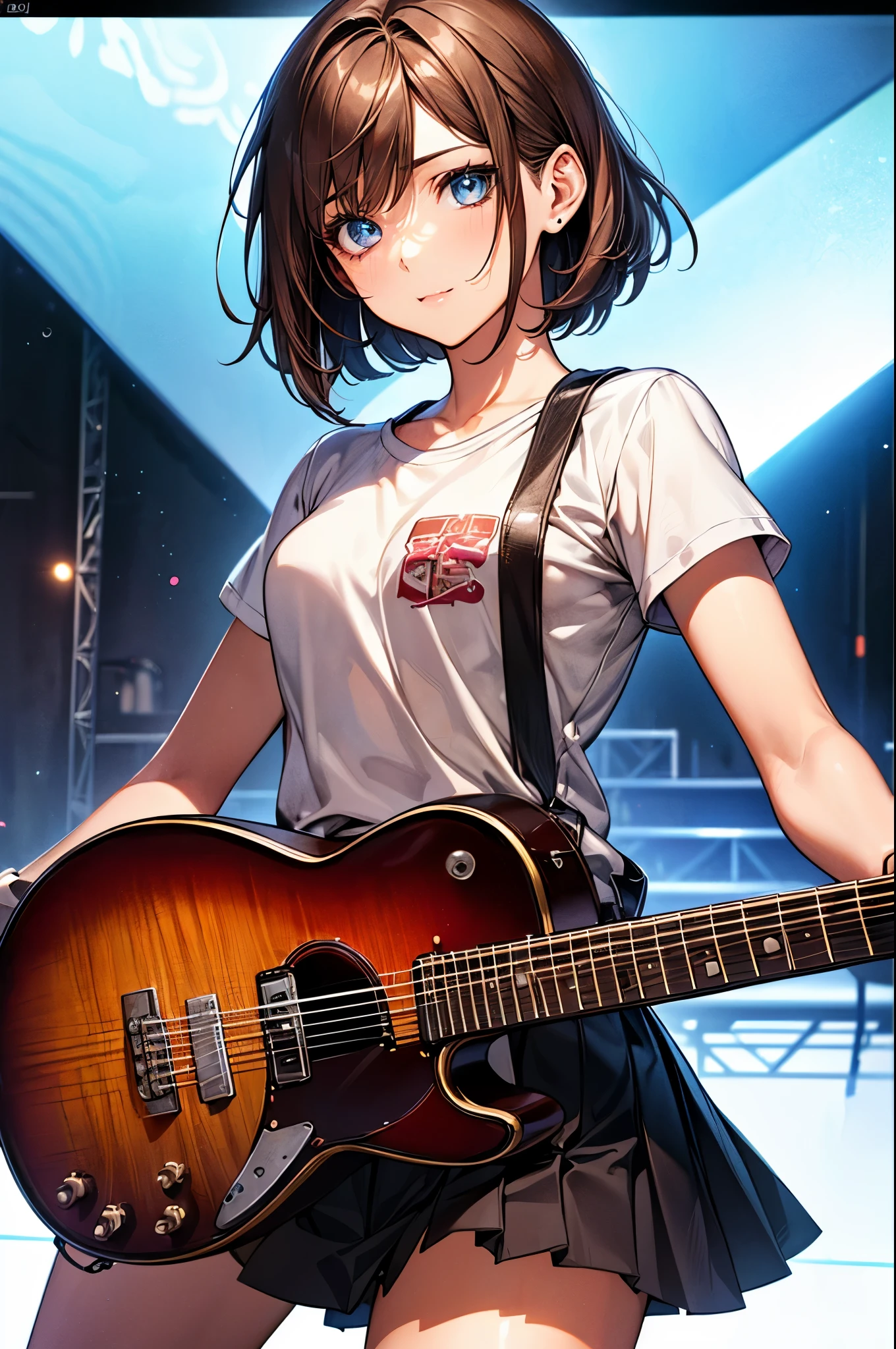 ((perfect anatomy:1.2,realistic:1.3,RAW Photography:1.3,masterpiece、highest quality、Ultra - High resolution、High resolution、Highly detailed CG、8K)),cowboy shot,1 female,solo,18-year-old、High school girl beautiful girl,Japanese,((beautiful detailed face and eyes:1.2,big gorgeous eyes:1.2)),dark brown hair,short bob hair,bangs,medium breasts,slender body,small head:1.3,skinny,(oily skin,gleaming skin,shiny skin)、white t-shirt、plaid pleated skirt、Work boots、Playing electric guitar、stage、Harajuku、Tokyo、