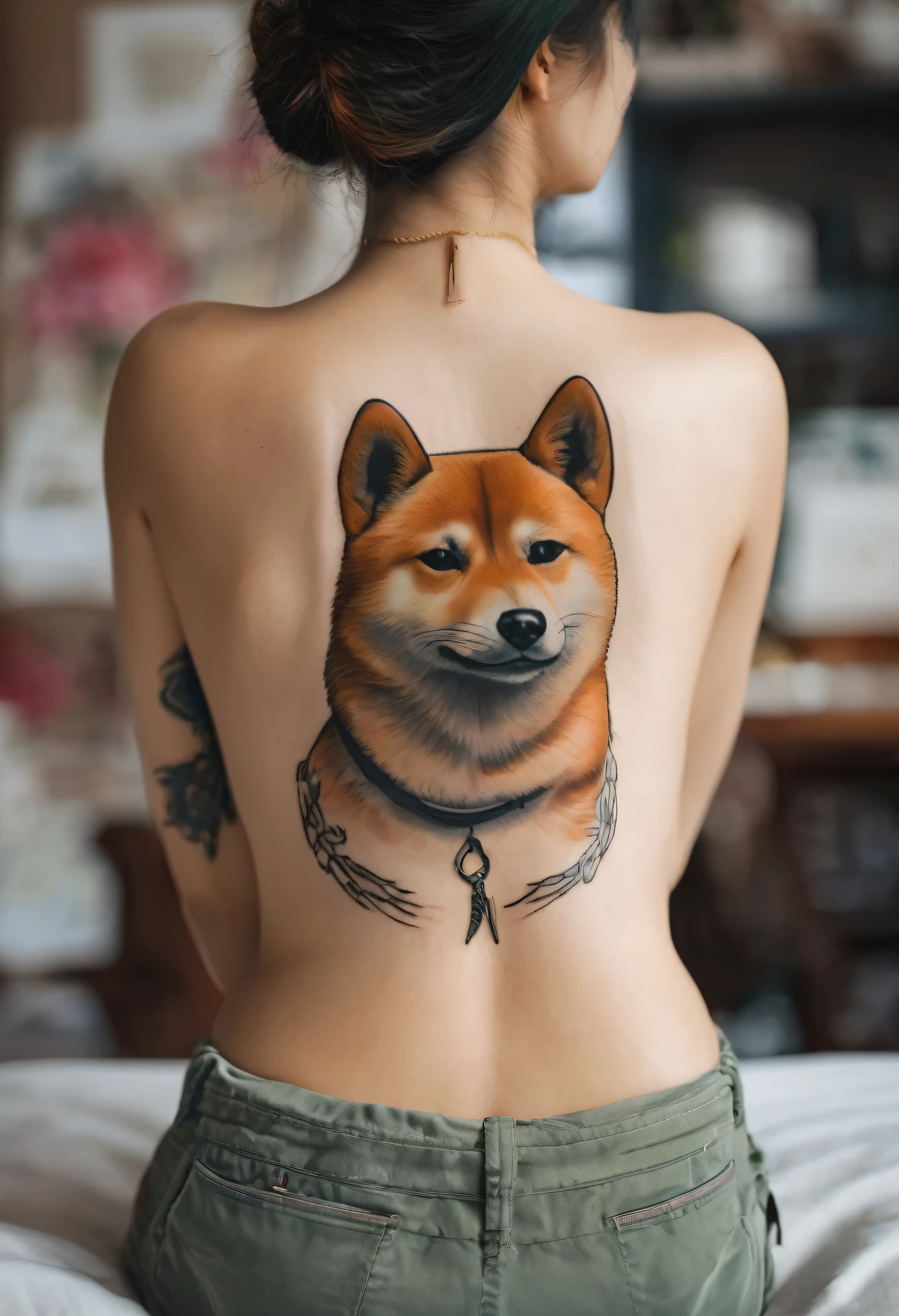 photo of a womans back, having shiba inu tattooed on his back