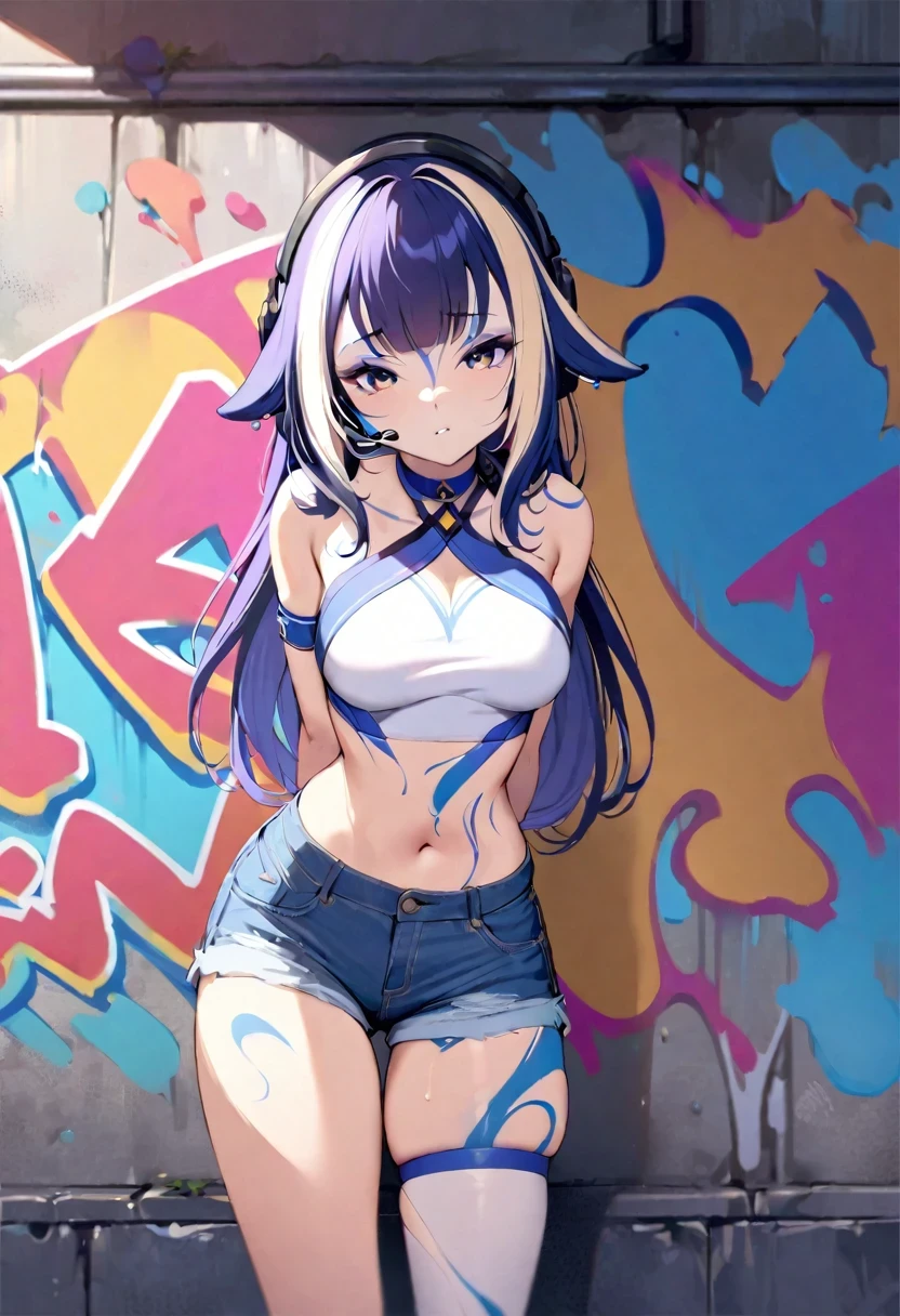 ((shylily)),masterpiece, best quality, 1girl, solo, crop top, denim shorts, choker, (graffiti:1.5), paint splatter, arms behind back, against wall, looking at viewer, armband, thigh strap, paint on body, head tilt, bored, multicolored hair, , headset,