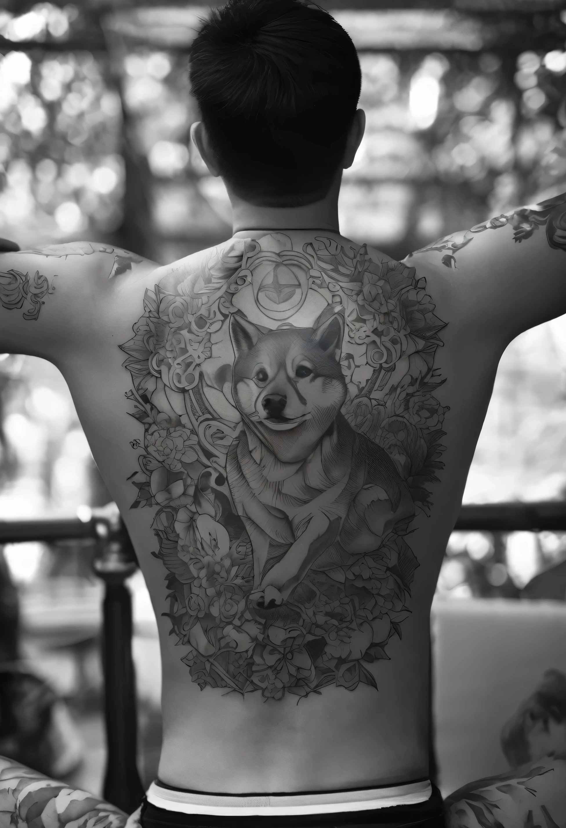 black and white photo of a mans back, having shiba inu tattooed on his back, close up