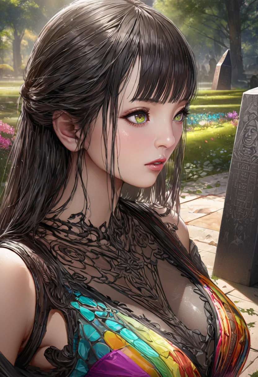 (best quality,4k,highres,masterpiece:1.2),ultra-detailed,realistic:1.37,portrait,woman,park,flirtatious,beautiful detailed eyes,beautiful detailed lips,colorful outfit,loose,transparent,ancient black obelisk,engraved,perverted hieroglyphs,daytime,public,leaning against specific explanation： - (best quality,4k,highres,masterpiece:1.2): High quality mark，Generate detailed artistic masterpieces in 4k resolution。 - ultra-detailed: Extremely detailed。 - realistic: Realism。 - portrait: portrait，Will focus on depicting characters。 - woman: a woman，Used to describe the main character。 - park: garden，Describe the background environment of the picture。 - flirtatious: wink、Seductive。 - beautiful detailed eyes: Fine and beautiful eyes。 - beautiful detailed lips: Delicate and beautiful lips。 - colorful outfit: Colorful costumes。 - loose: loose。 - transparent: transparent。 - ancient black obelisk: Ancient black obelisk，Used as a background element for the character to lean on。 - engraved: carved。 - perverted hieroglyphs: Obscene hieroglyphs，Combined with Black Obelisk，Enhance the sense of contrast。 - daytime: daytime。 - public: public，Describe the character&#39;s environment。 - leaning against: rely。 Assisted in generating results： An ultra-detailed, realistic portrait of a flirtatious woman in a sheer, loose, colorful outfit. She is leaning against an ancient black obelisk engraved with several perverted hieroglyphs in a public park during the daytime. The artwork is of the best quality, with high-resolution 4K details, capturing the intricate beauty of her eyes and lips. Her outfit is vibrant and transparent, evoking a sense of playfulness and allure. The ancient obelisk serves as a contrasting background, with its black color and perverted engravings. The overall scene is depicted with vivid colors, realistic lighting, and a sharp focus on the woman, creating a visually stunning masterpiece.