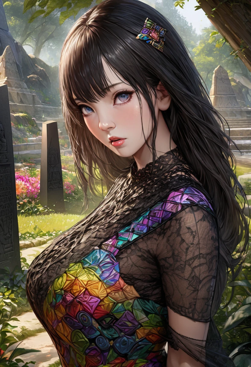 (best quality,4k,highres,masterpiece:1.2),ultra-detailed,realistic:1.37,portrait,woman,park,flirtatious,beautiful detailed eyes,beautiful detailed lips,colorful outfit,loose,transparent,ancient black obelisk,engraved,perverted hieroglyphs,daytime,public,leaning against specific explanation： - (best quality,4k,highres,masterpiece:1.2): High quality mark，Generate detailed artistic masterpieces in 4k resolution。 - ultra-detailed: Extremely detailed。 - realistic: Realism。 - portrait: portrait，Will focus on depicting characters。 - woman: a woman，Used to describe the main character。 - park: garden，Describe the background environment of the picture。 - flirtatious: wink、Seductive。 - beautiful detailed eyes: Fine and beautiful eyes。 - beautiful detailed lips: Delicate and beautiful lips。 - colorful outfit: Colorful costumes。 - loose: loose。 - transparent: transparent。 - ancient black obelisk: Ancient black obelisk，Used as a background element for the character to lean on。 - engraved: carved。 - perverted hieroglyphs: Obscene hieroglyphs，Combined with Black Obelisk，Enhance the sense of contrast。 - daytime: daytime。 - public: public，Describe the character&#39;s environment。 - leaning against: rely。 Assisted in generating results： An ultra-detailed, realistic portrait of a flirtatious woman in a sheer, loose, colorful outfit. She is leaning against an ancient black obelisk engraved with several perverted hieroglyphs in a public park during the daytime. The artwork is of the best quality, with high-resolution 4K details, capturing the intricate beauty of her eyes and lips. Her outfit is vibrant and transparent, evoking a sense of playfulness and allure. The ancient obelisk serves as a contrasting background, with its black color and perverted engravings. The overall scene is depicted with vivid colors, realistic lighting, and a sharp focus on the woman, creating a visually stunning masterpiece.
